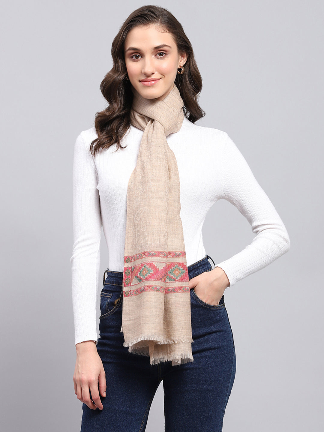 Women Beige Self Design Stole