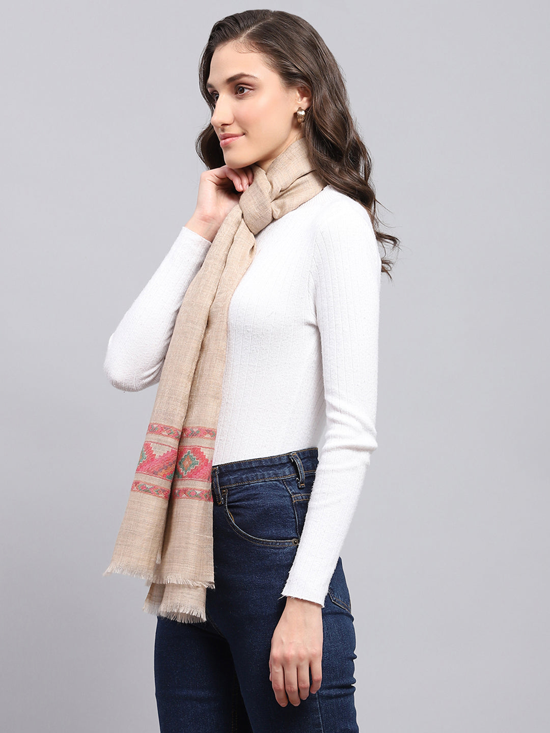 Women Beige Self Design Stole