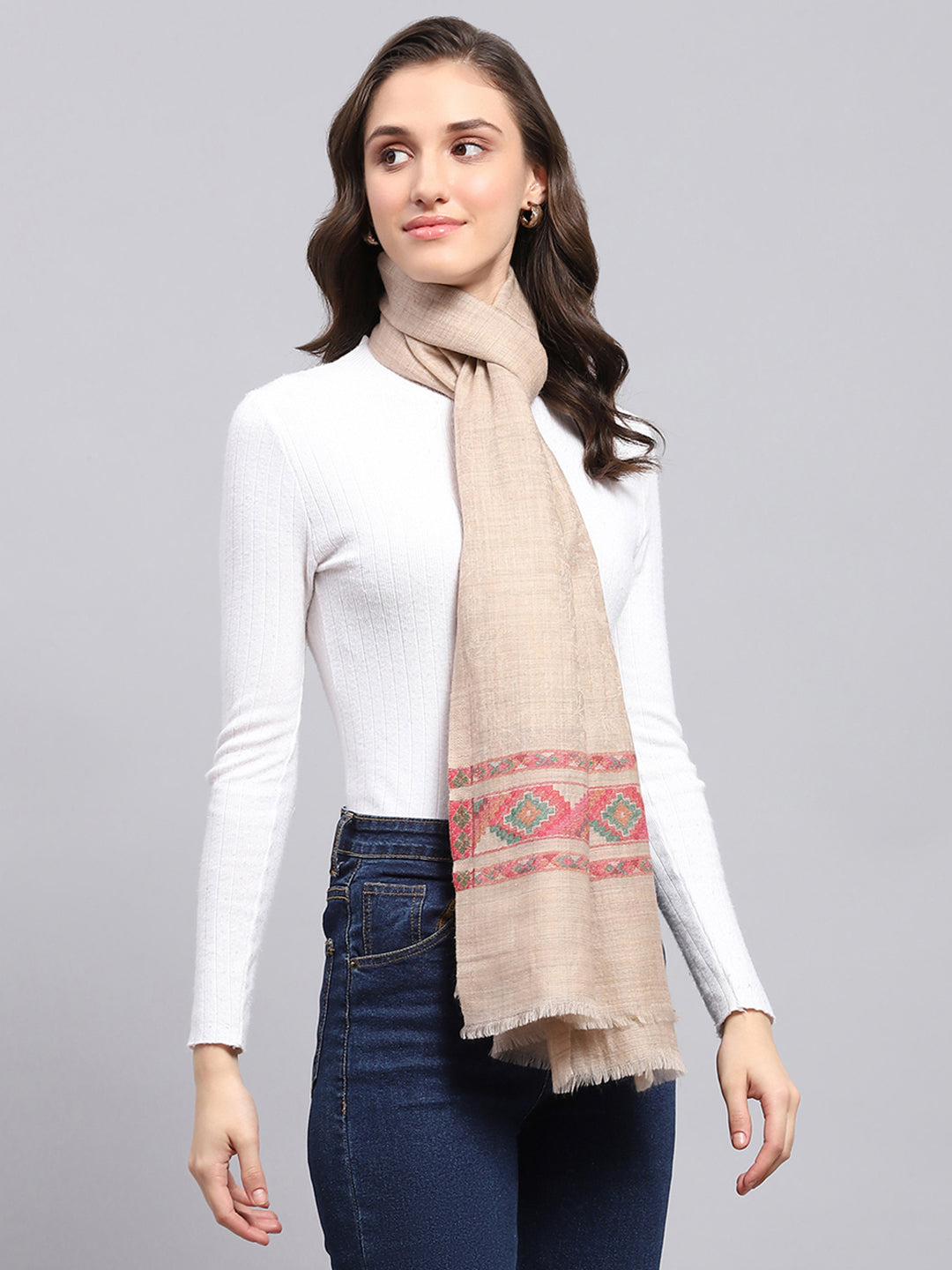 Women Beige Self Design Stole