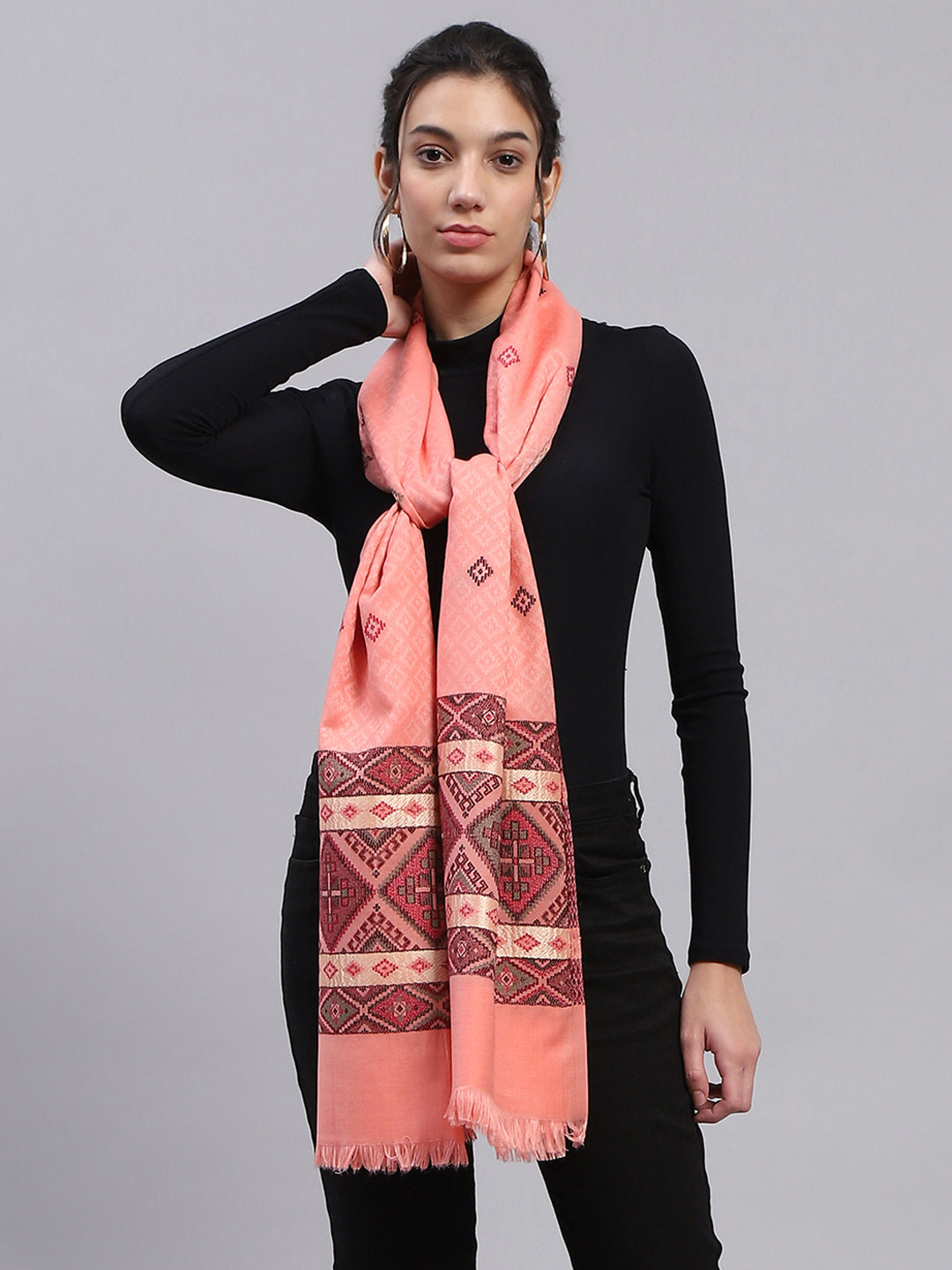 Women Peach Self Design Stole