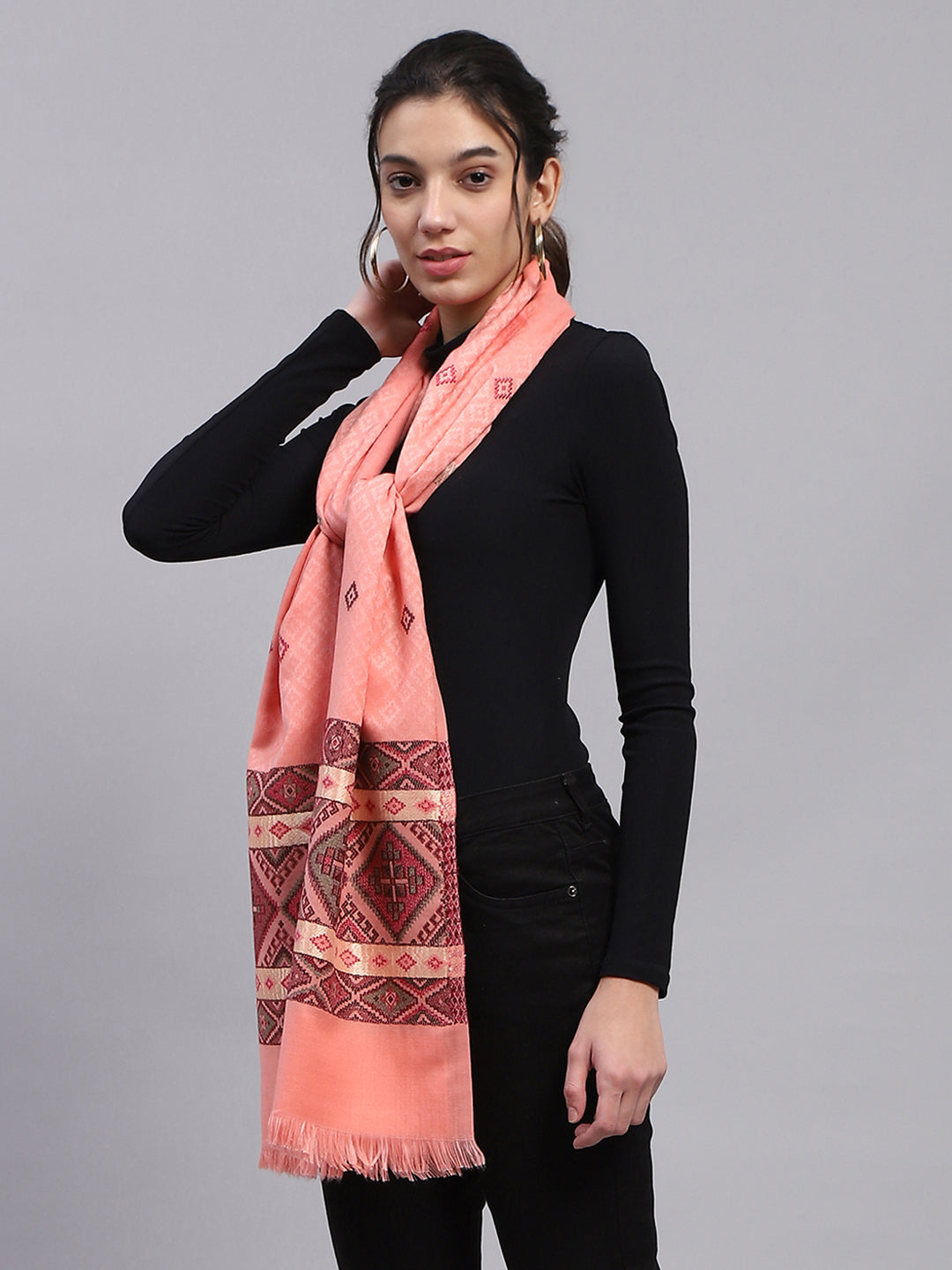 Women Peach Self Design Stole