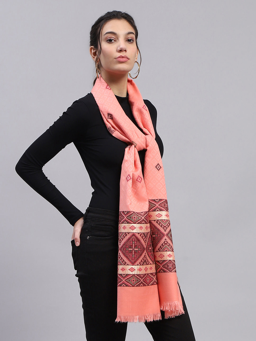 Women Peach Self Design Stole