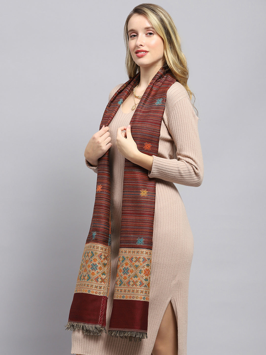 Women Rust Self Design Stole