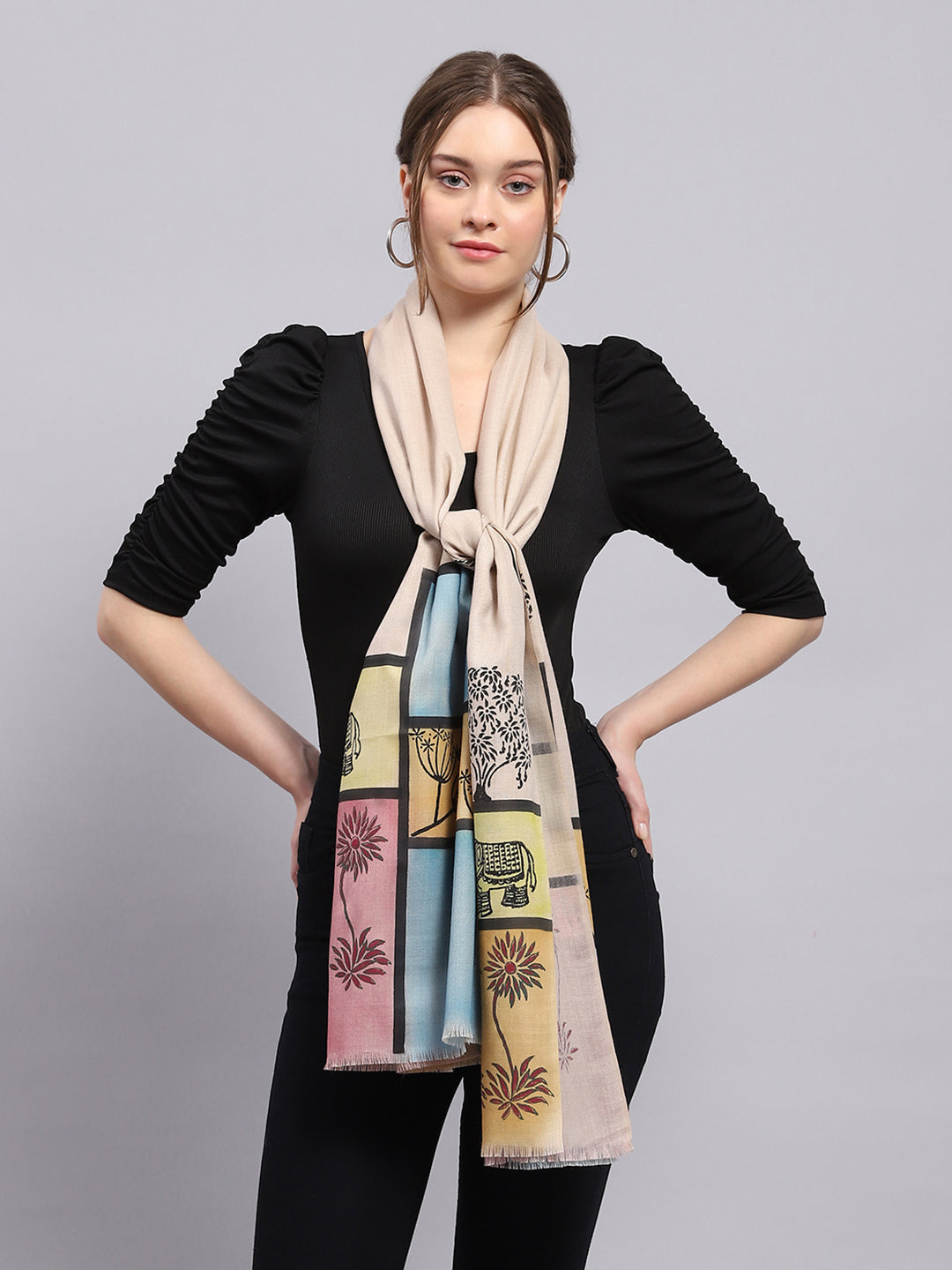 Women Beige Self Design Stole