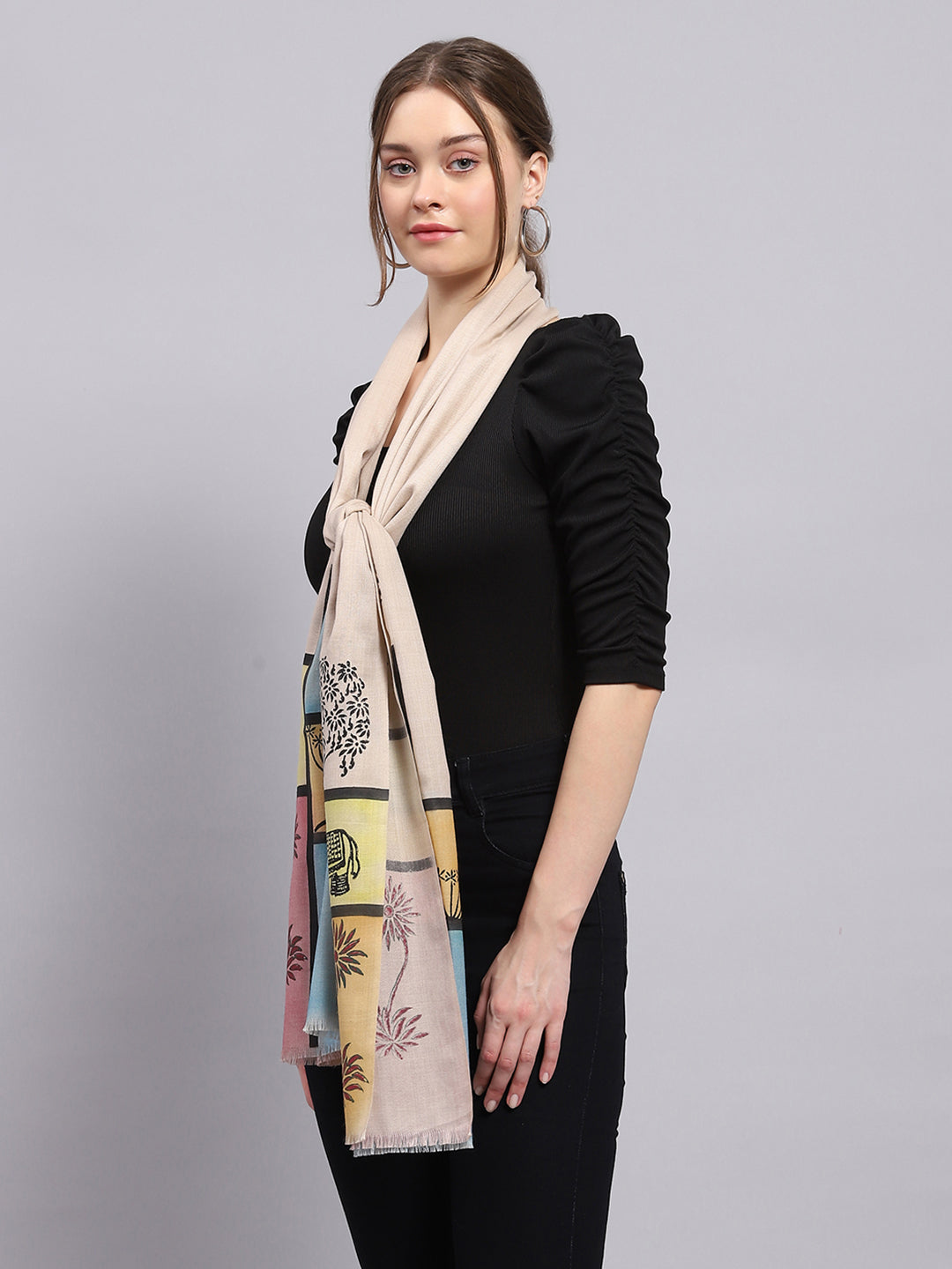 Women Beige Self Design Stole