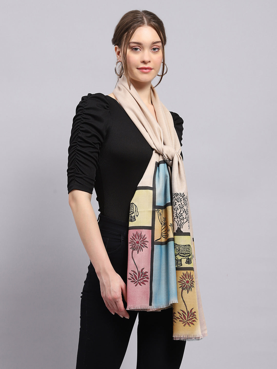 Women Beige Self Design Stole