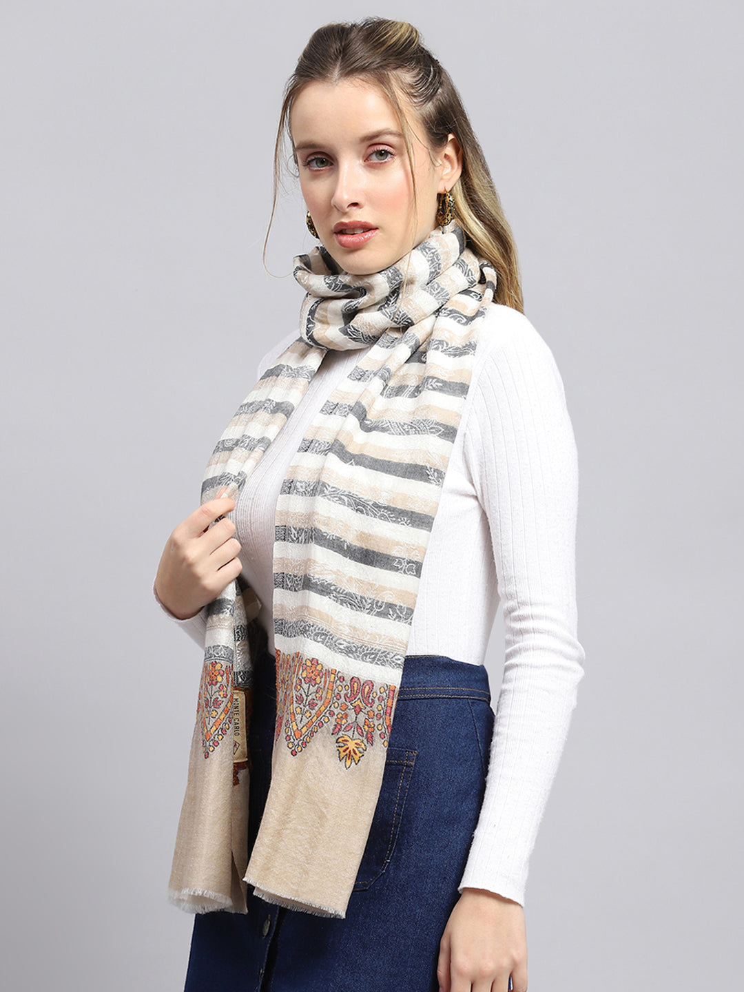 Women Beige Self Design Stole