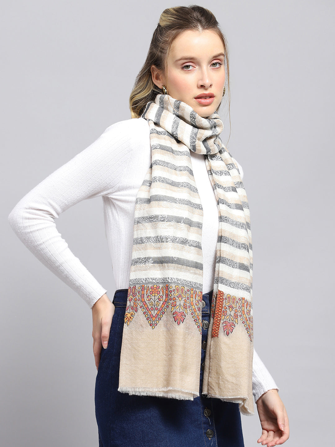 Women Beige Self Design Stole