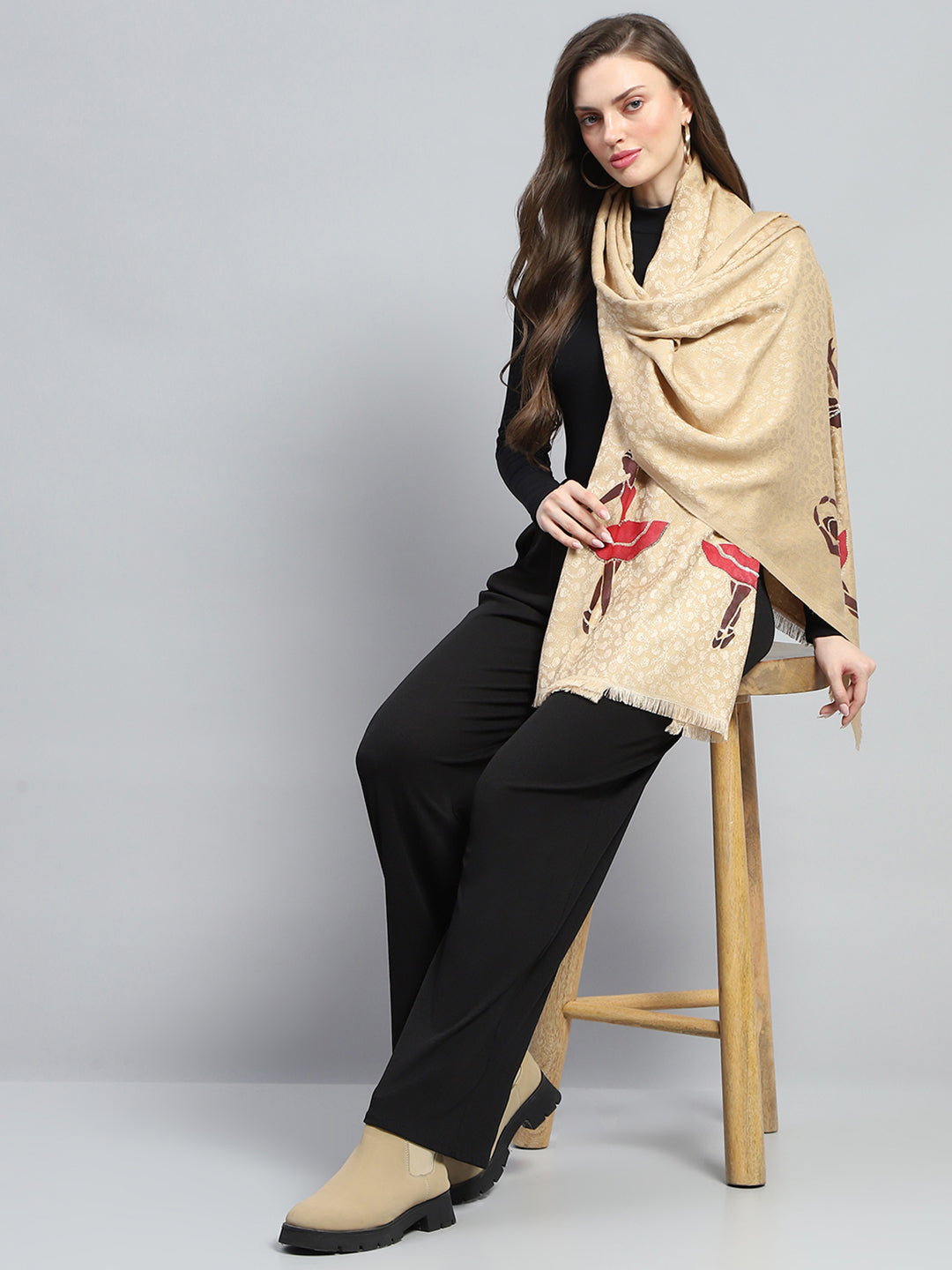 Women Beige Self Design Stole