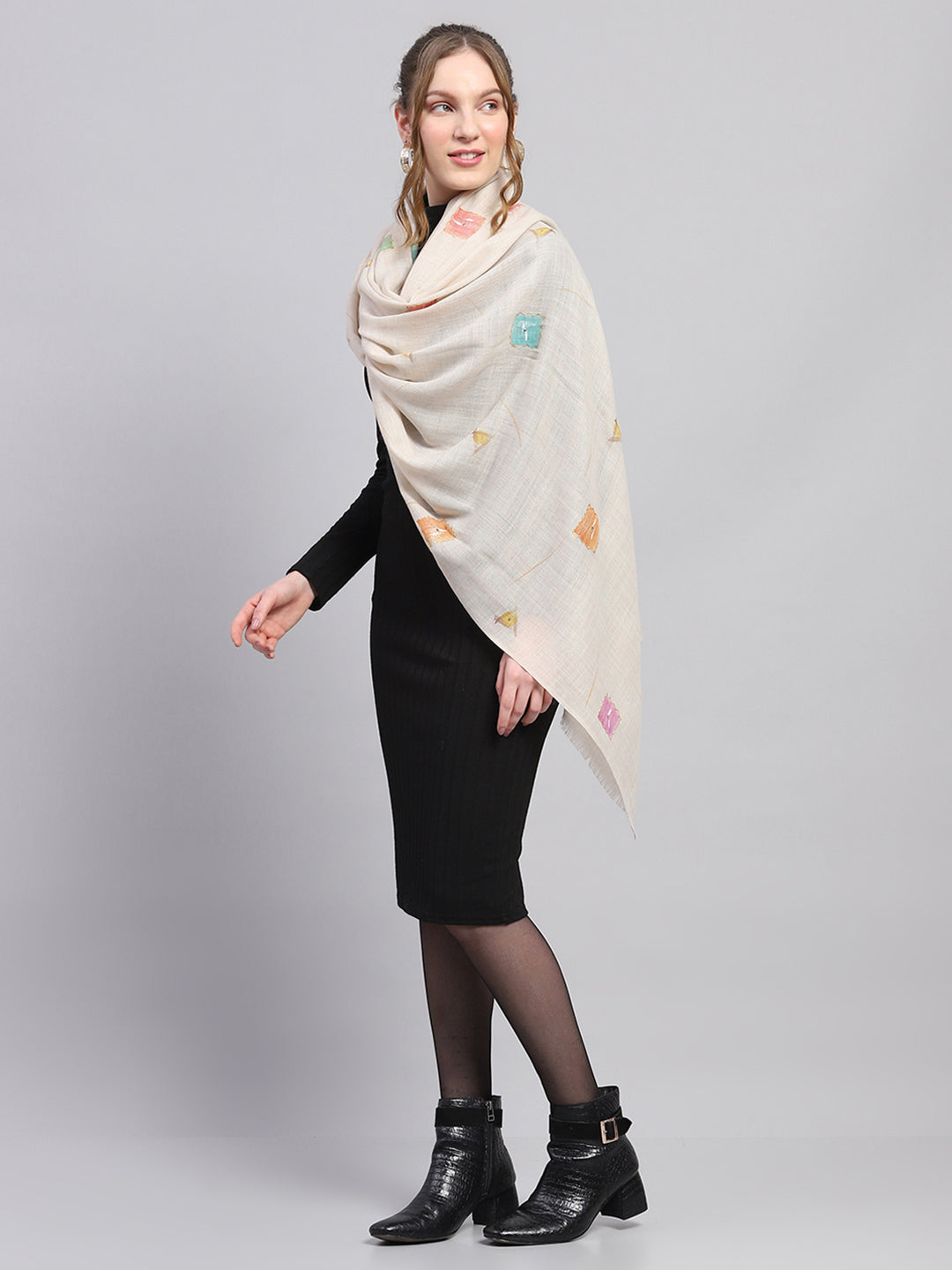 Women Beige Self Design Stole