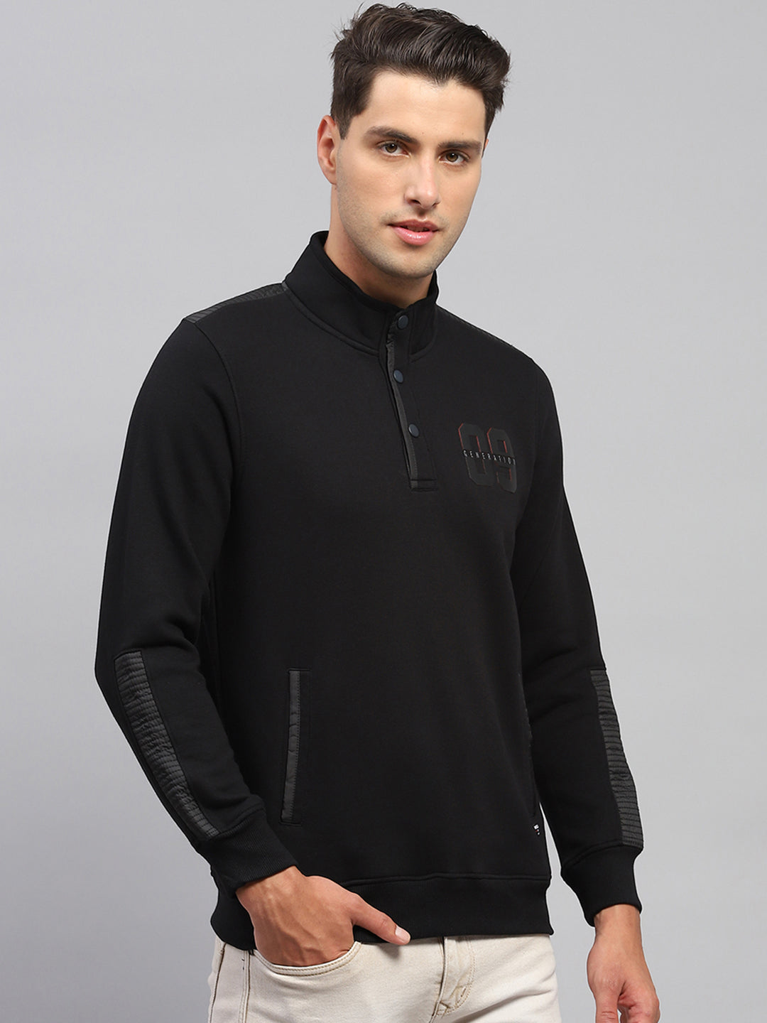 Men Black Solid Mock Neck Full Sleeve Sweatshirt