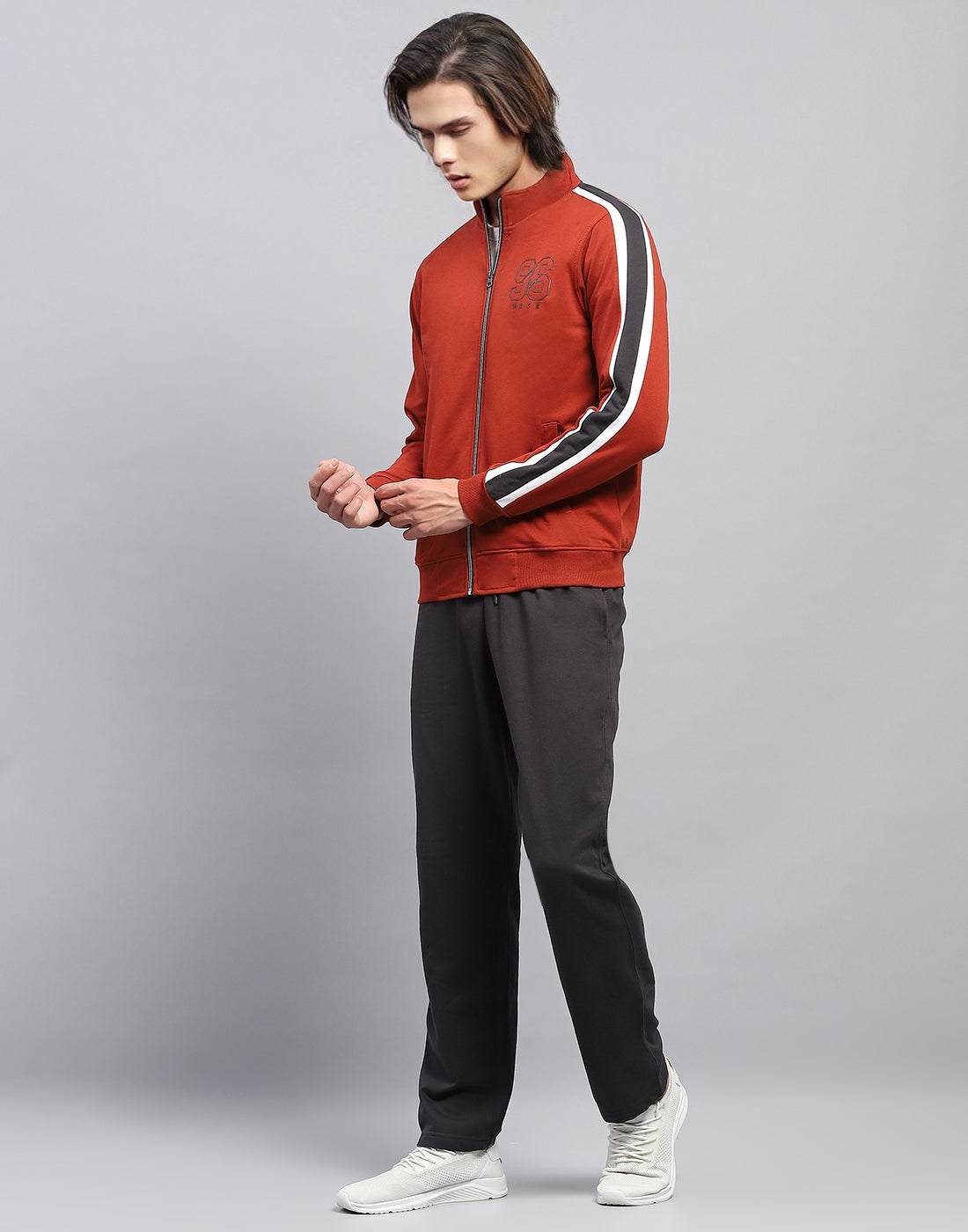 Men Rust Solid Mock Neck Full Sleeve Winter Tracksuit