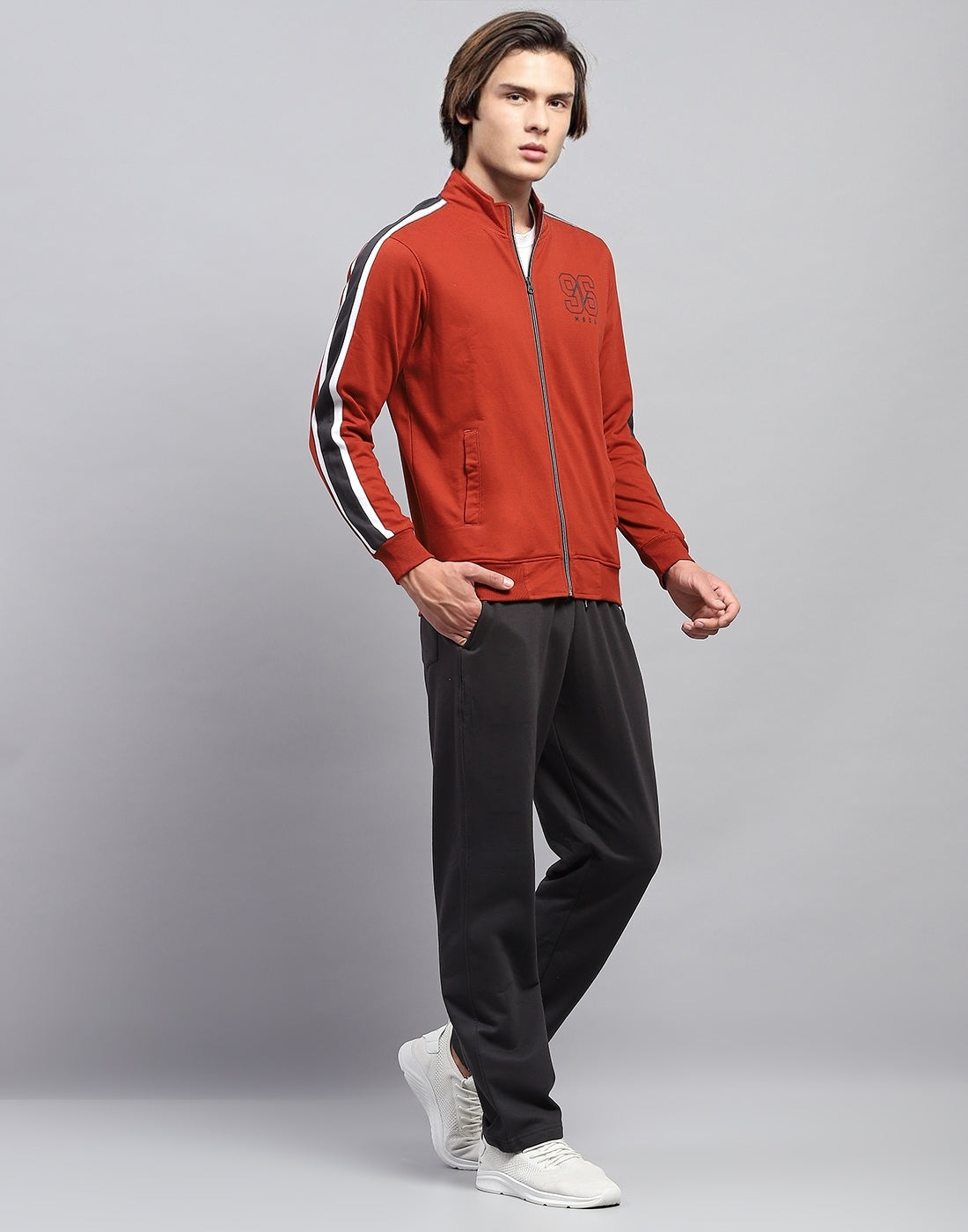 Men Rust Solid Mock Neck Full Sleeve Winter Tracksuit