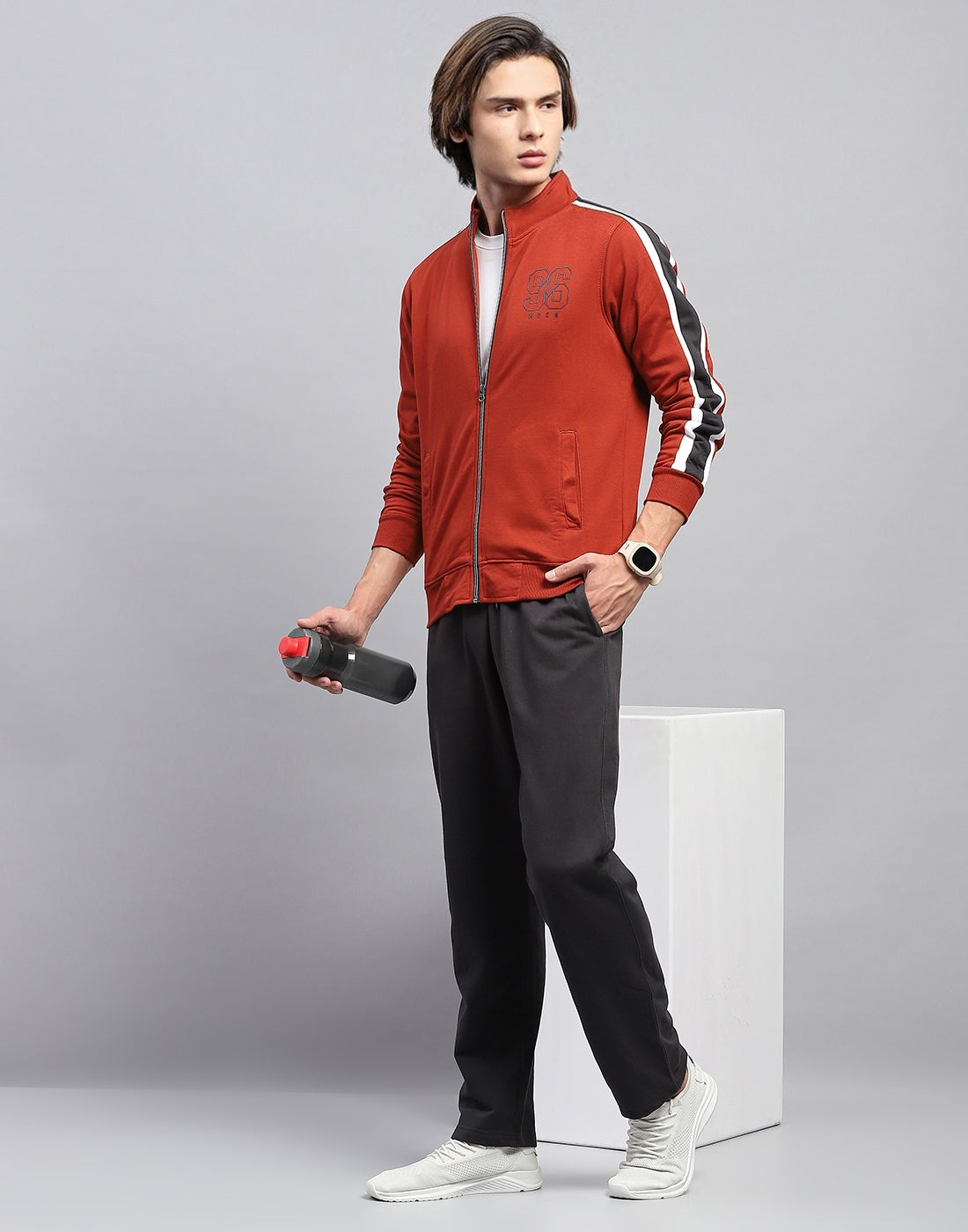 Men Rust Solid Mock Neck Full Sleeve Winter Tracksuit