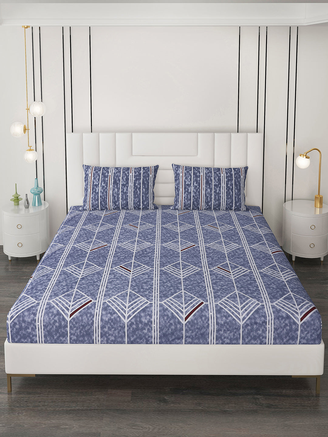 144 TC Blue Cotton Double Bedsheet with 2 Pillow Covers