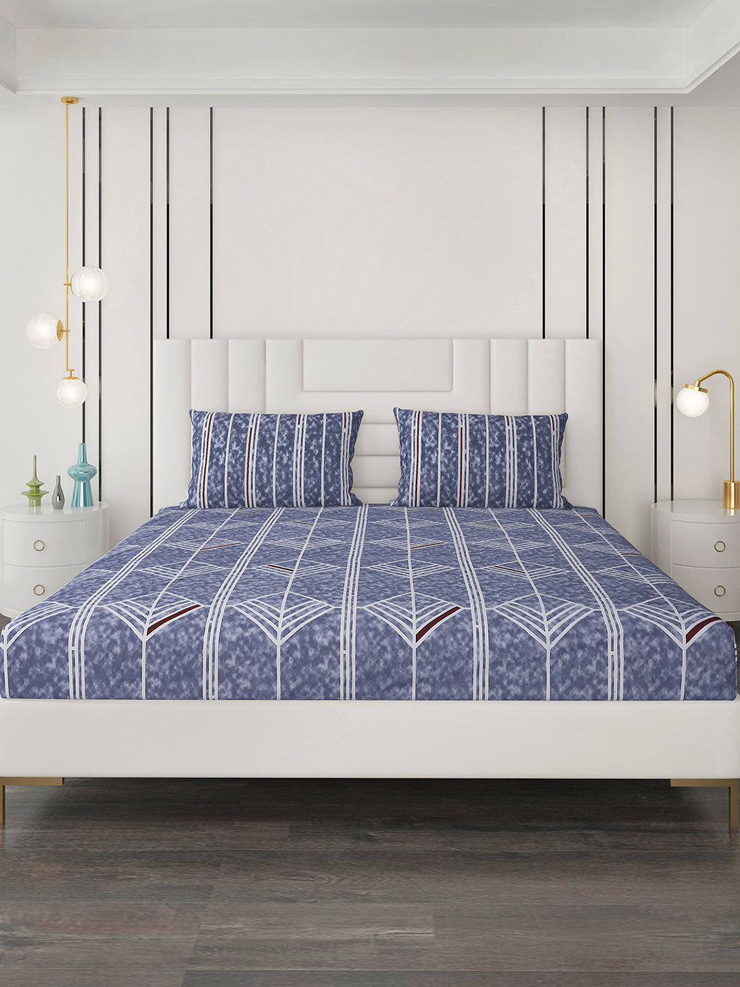 144 TC Blue Cotton Double Bedsheet with 2 Pillow Covers