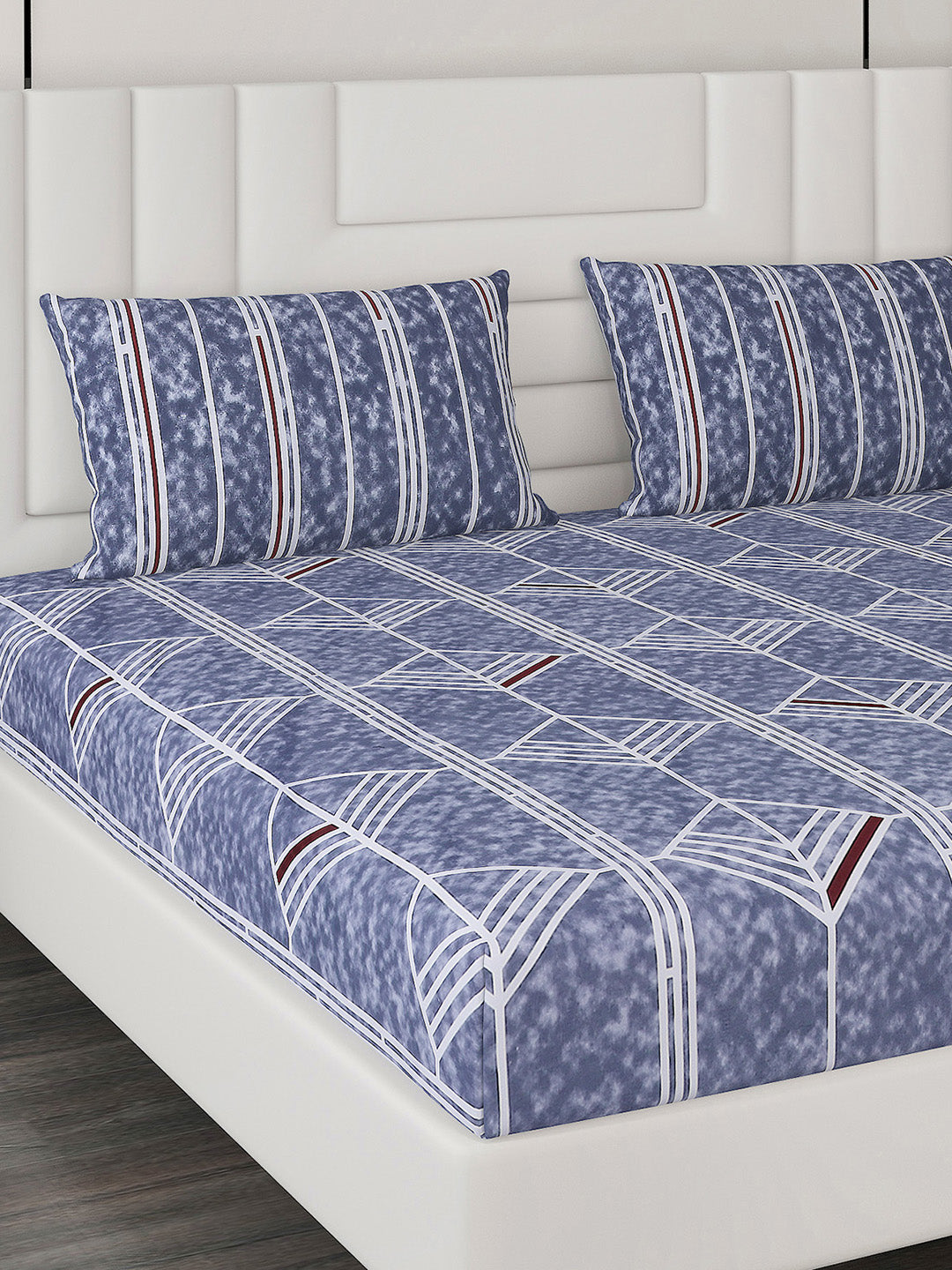 144 TC Blue Cotton Double Bedsheet with 2 Pillow Covers