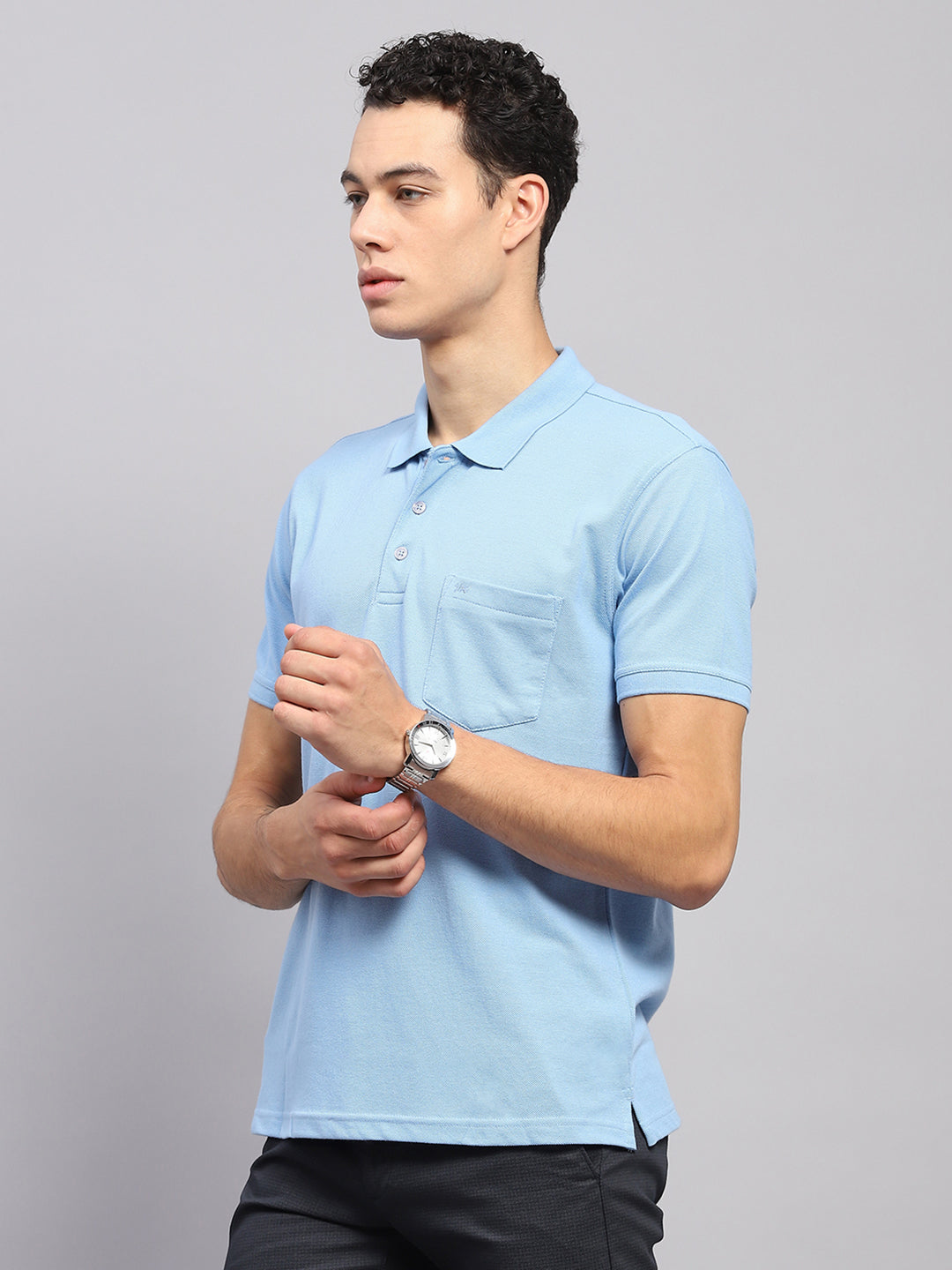 Men Sky Blue Solid Polo Collar Half Sleeve T-Shirt