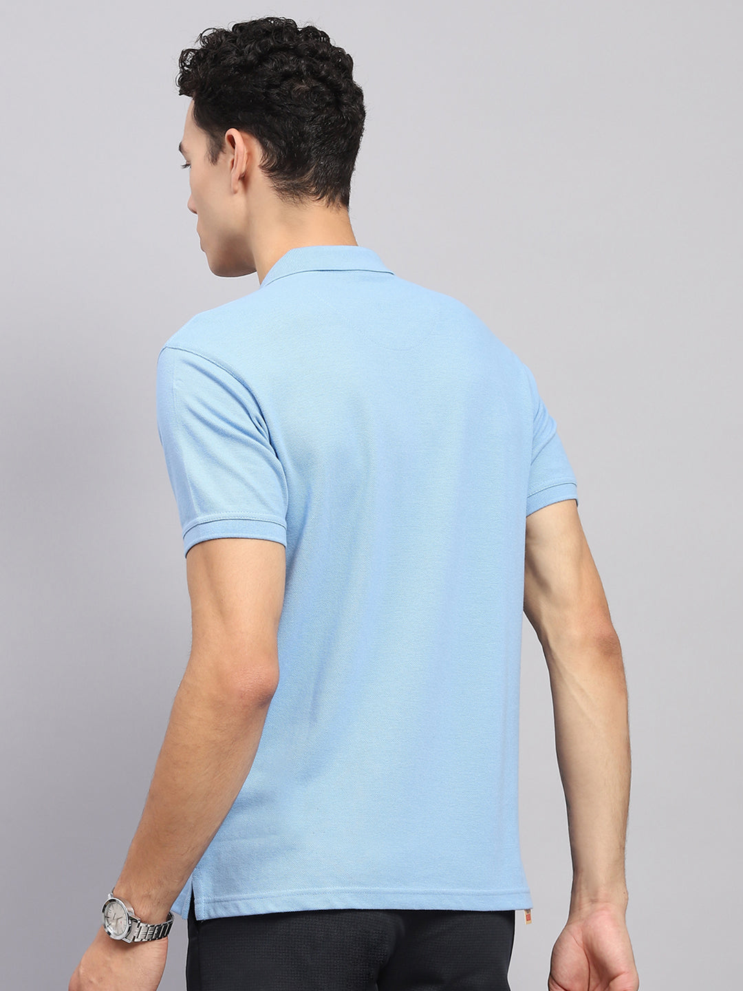 Men Sky Blue Solid Polo Collar Half Sleeve T-Shirt