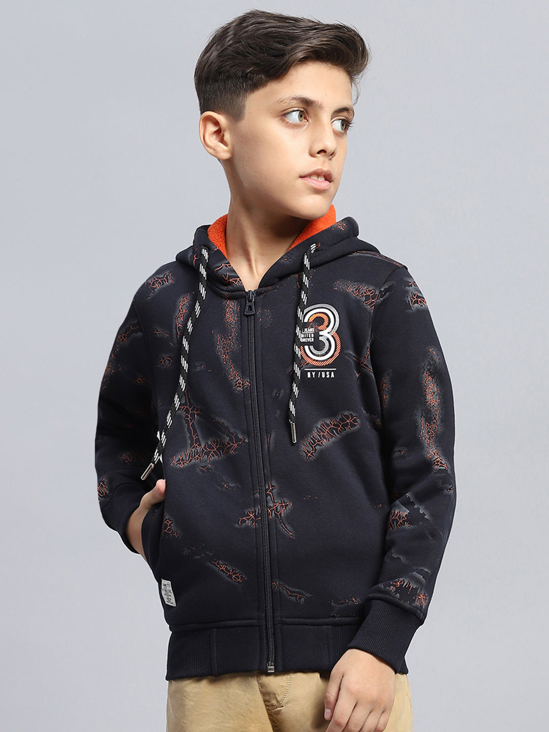 Boys Navy Blue Printed Hooded Full Sleeve Sweatshirt