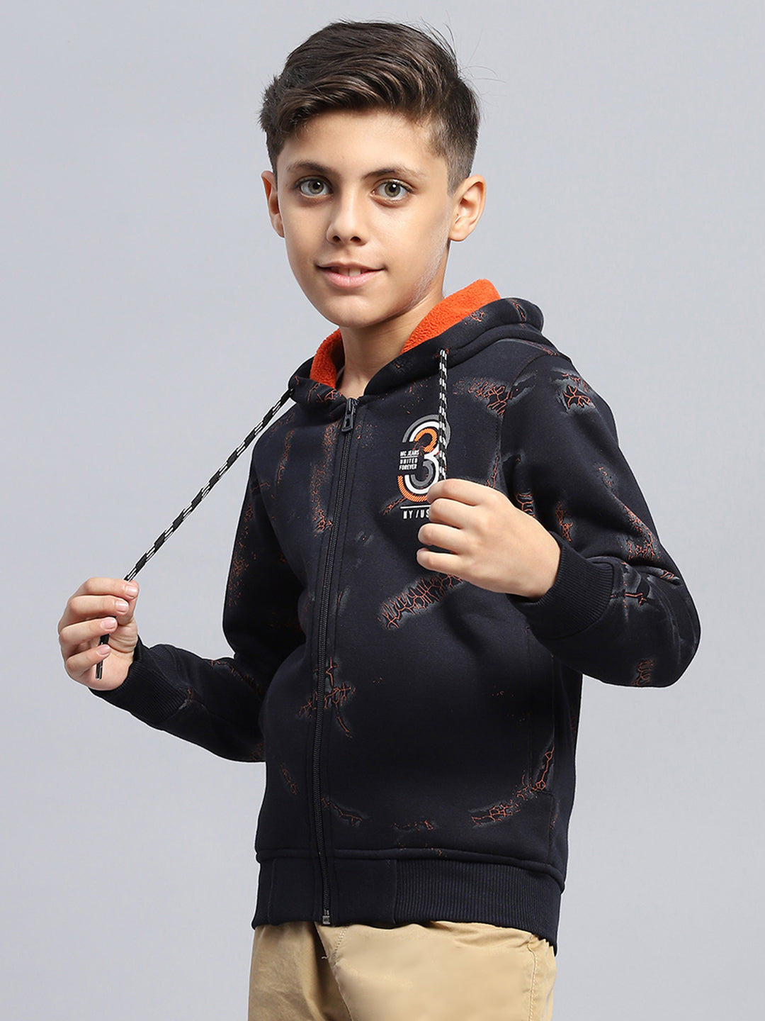 Boys Navy Blue Printed Hooded Full Sleeve Sweatshirt