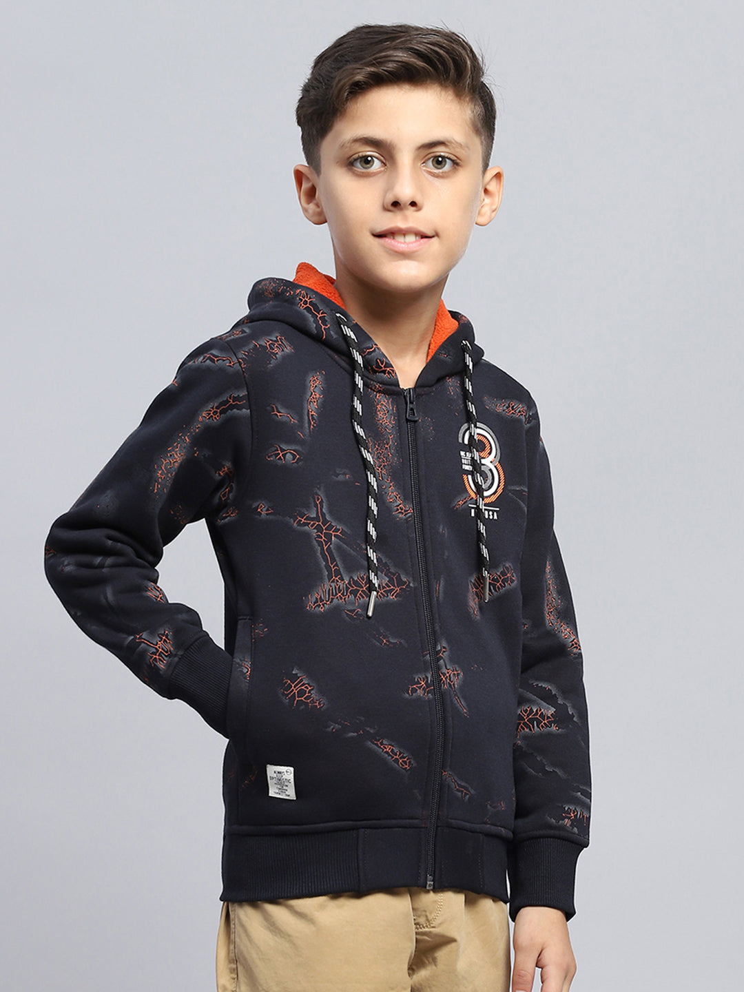 Boys Navy Blue Printed Hooded Full Sleeve Sweatshirt