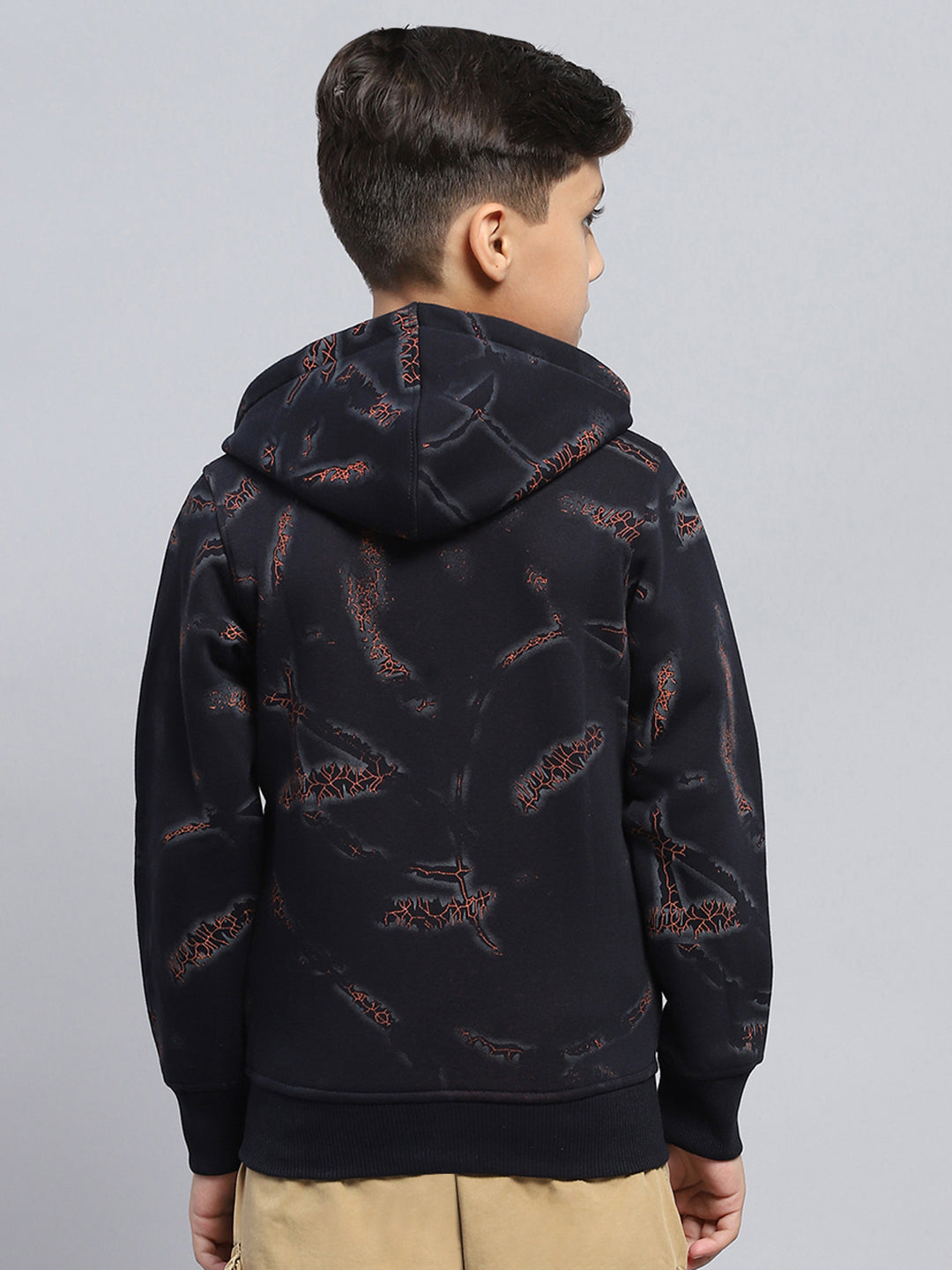 Boys Navy Blue Printed Hooded Full Sleeve Sweatshirt