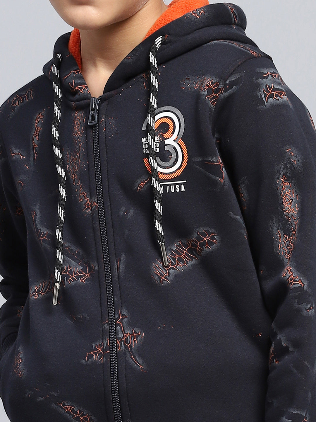 Boys Navy Blue Printed Hooded Full Sleeve Sweatshirt