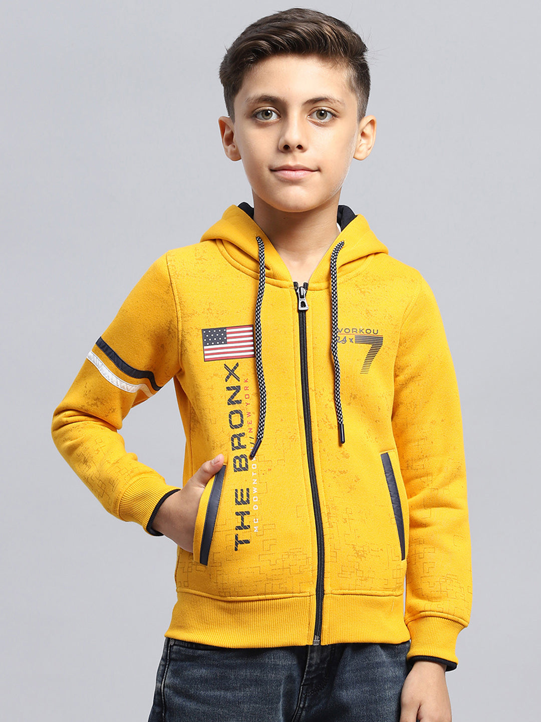 Boys Mustard Printed Hooded Full Sleeve Sweatshirt