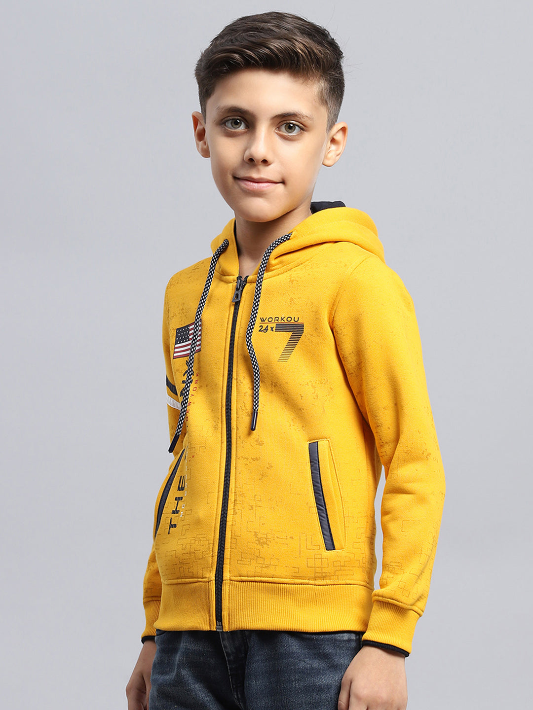 Boys Mustard Printed Hooded Full Sleeve Sweatshirt