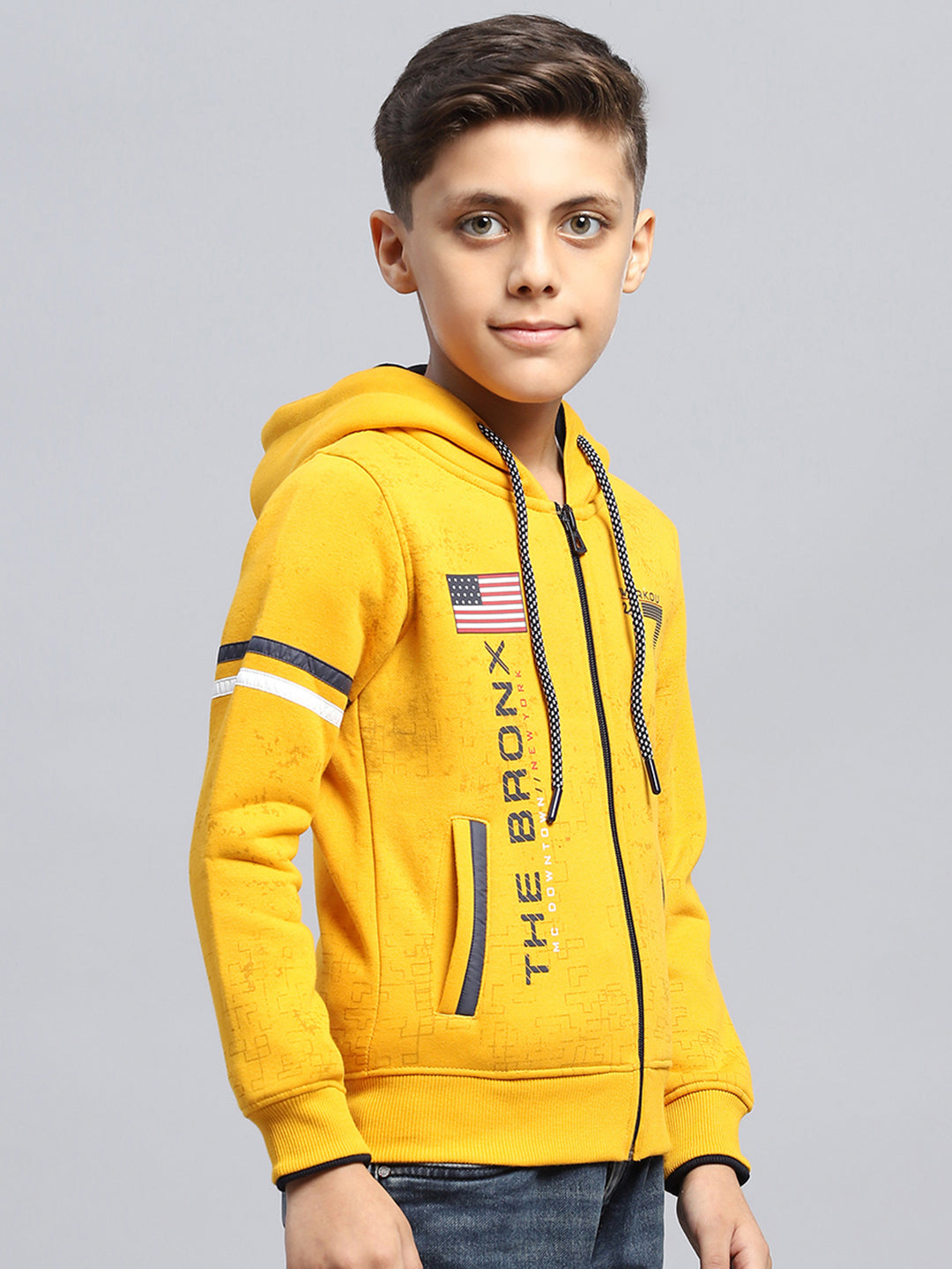 Boys Mustard Printed Hooded Full Sleeve Sweatshirt