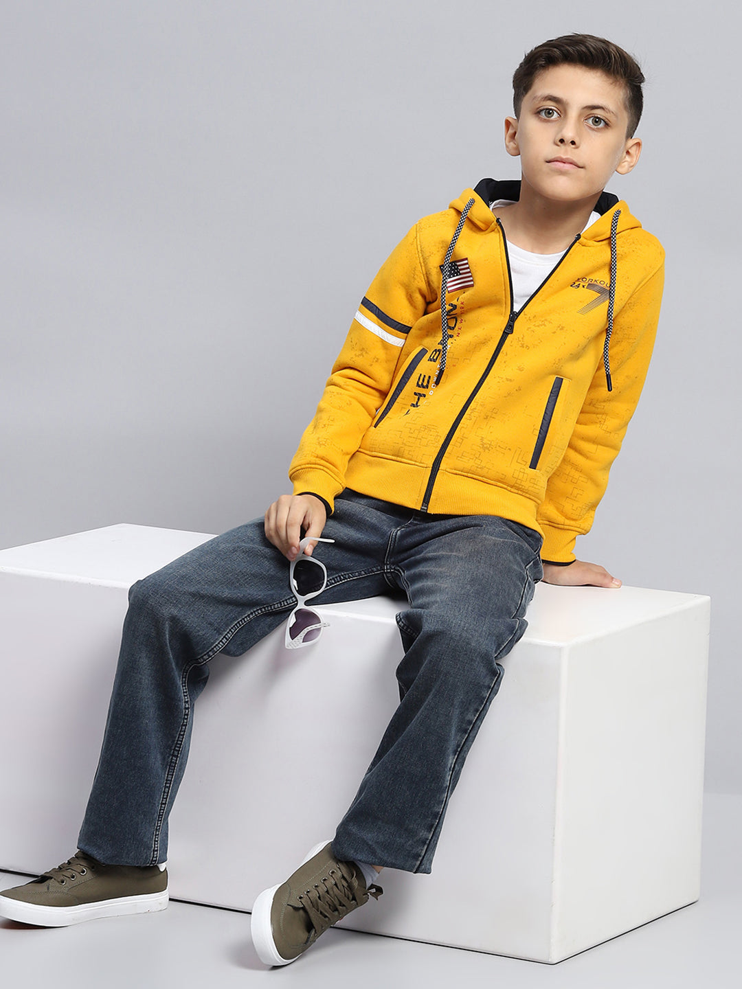 Boys Mustard Printed Hooded Full Sleeve Sweatshirt