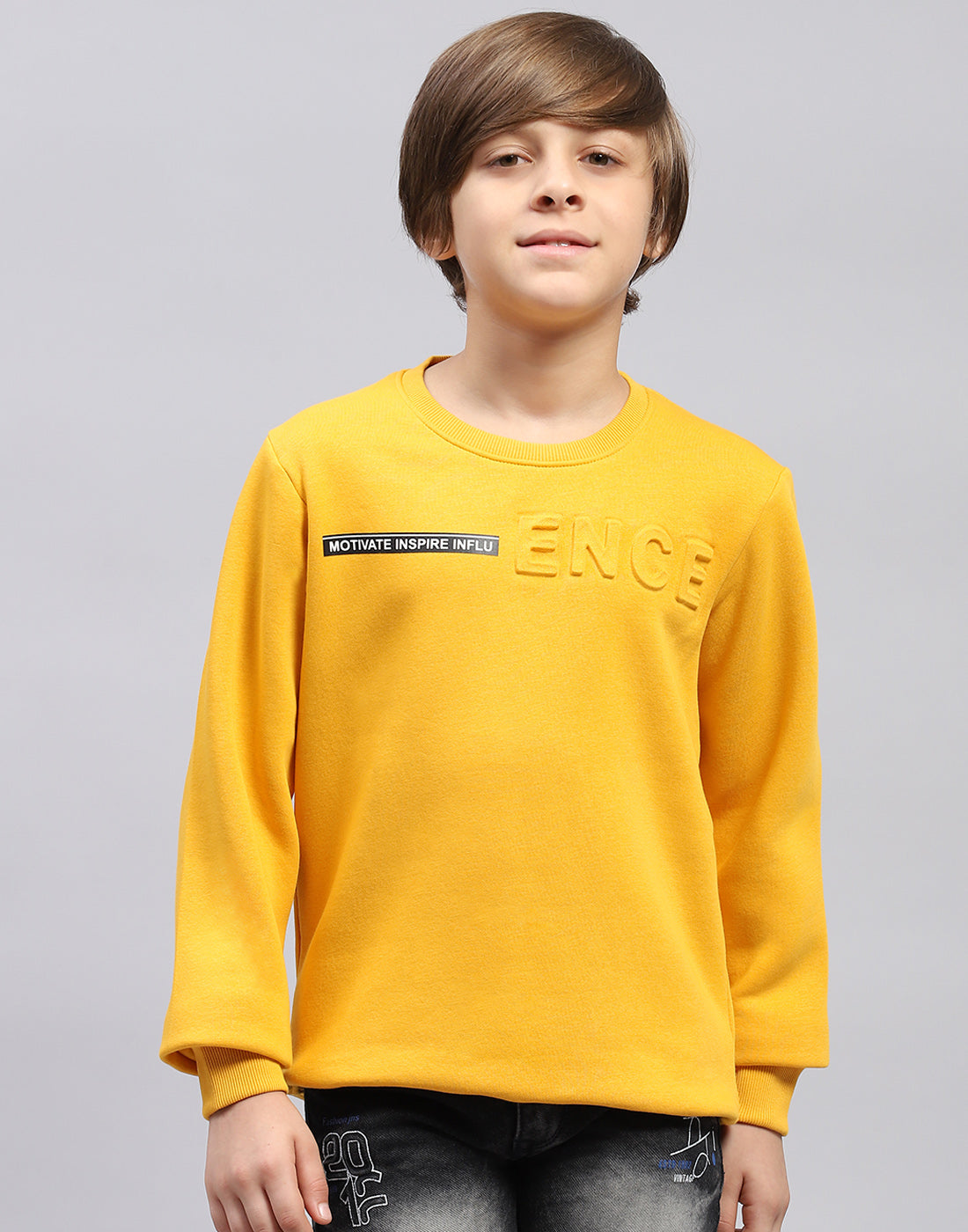 Boys Mustard Solid Round Neck Full Sleeve Sweatshirt