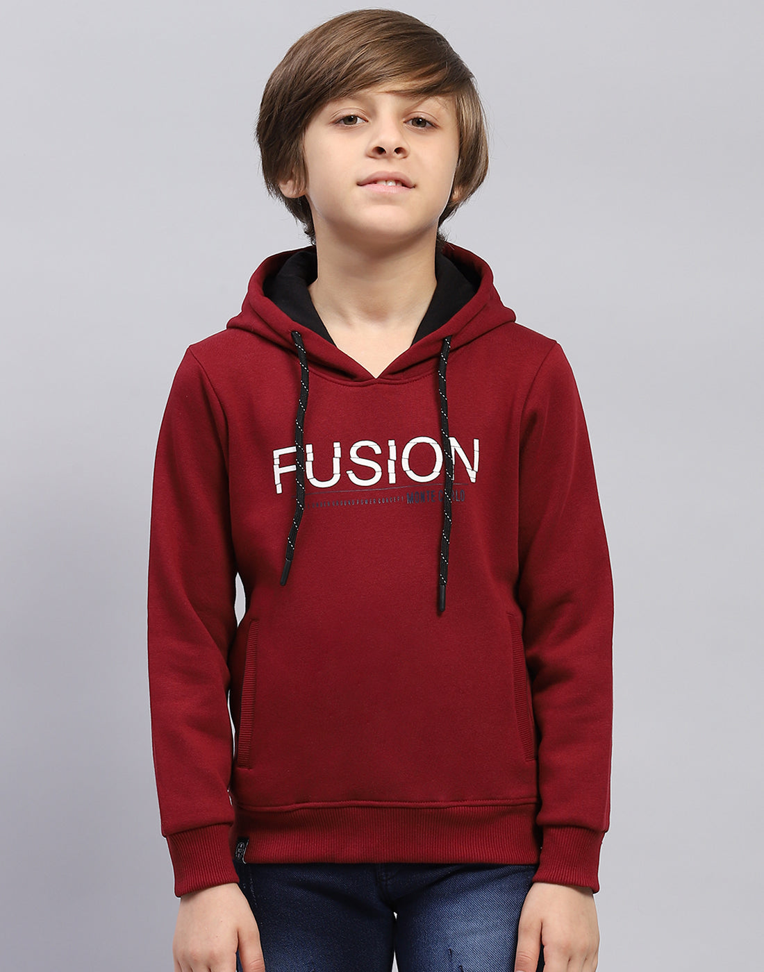 Boys Maroon Solid Hooded Full Sleeve Sweatshirt