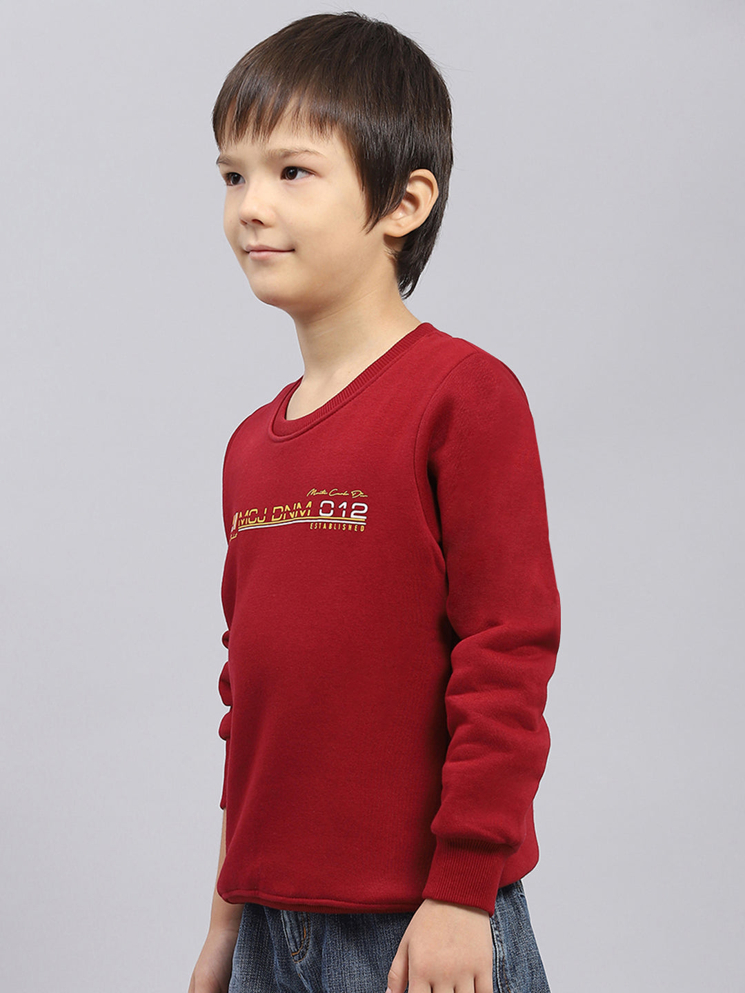 Boys Maroon Printed Round Neck Full Sleeve Sweatshirt