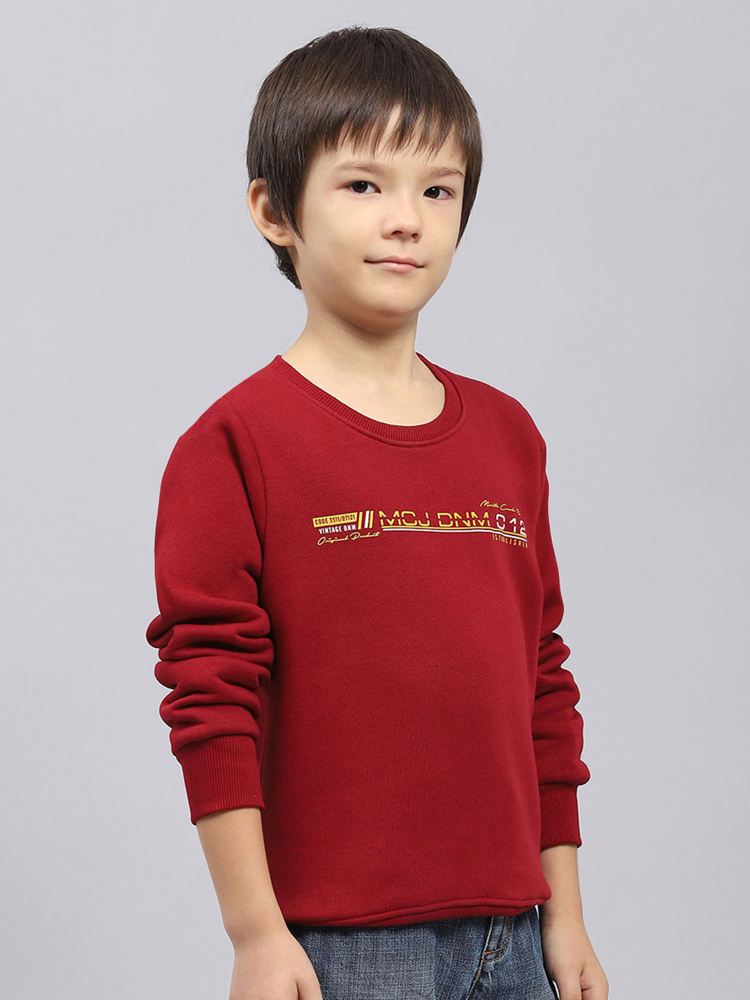 Boys Maroon Printed Round Neck Full Sleeve Sweatshirt