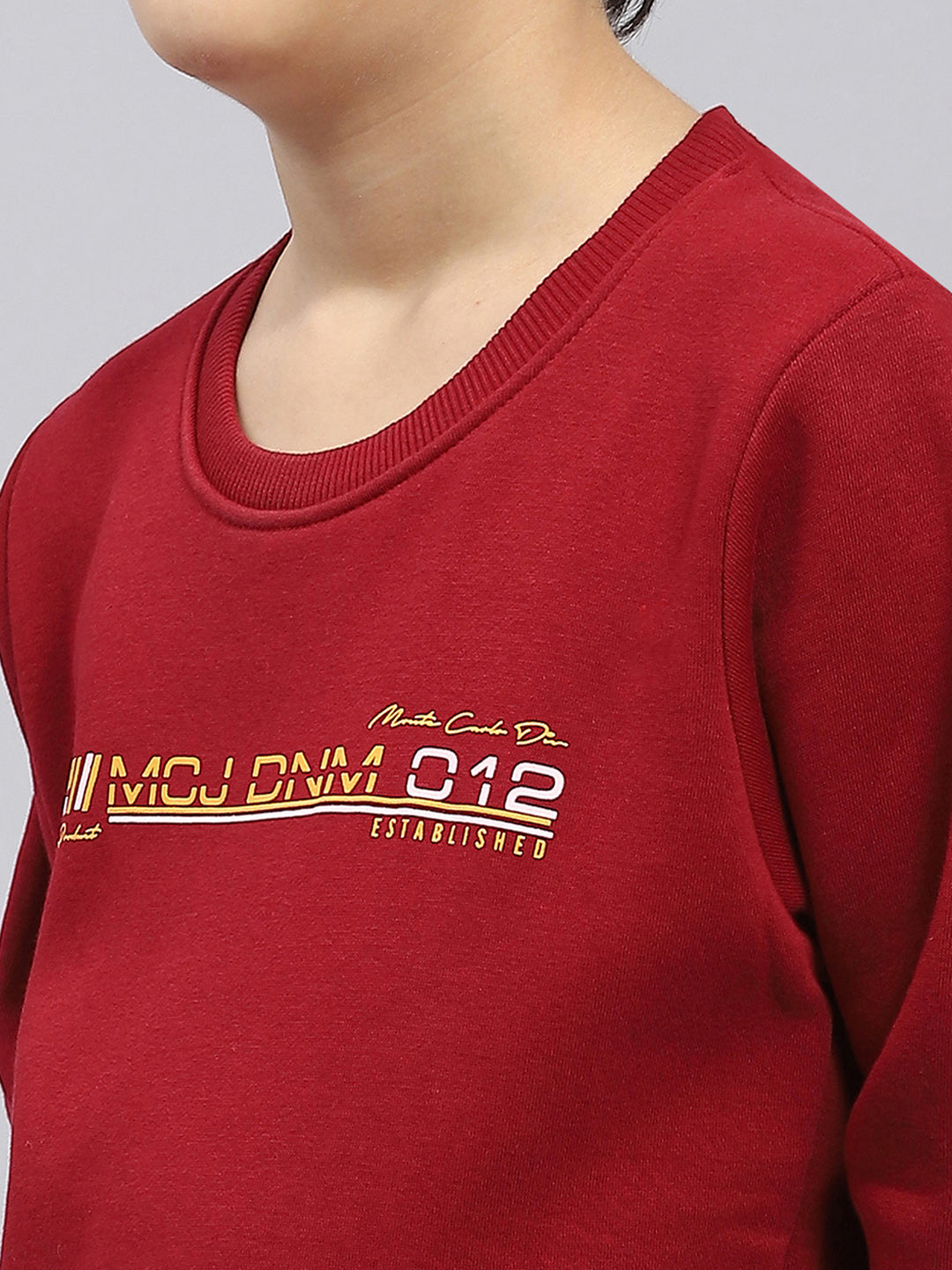 Boys Maroon Printed Round Neck Full Sleeve Sweatshirt