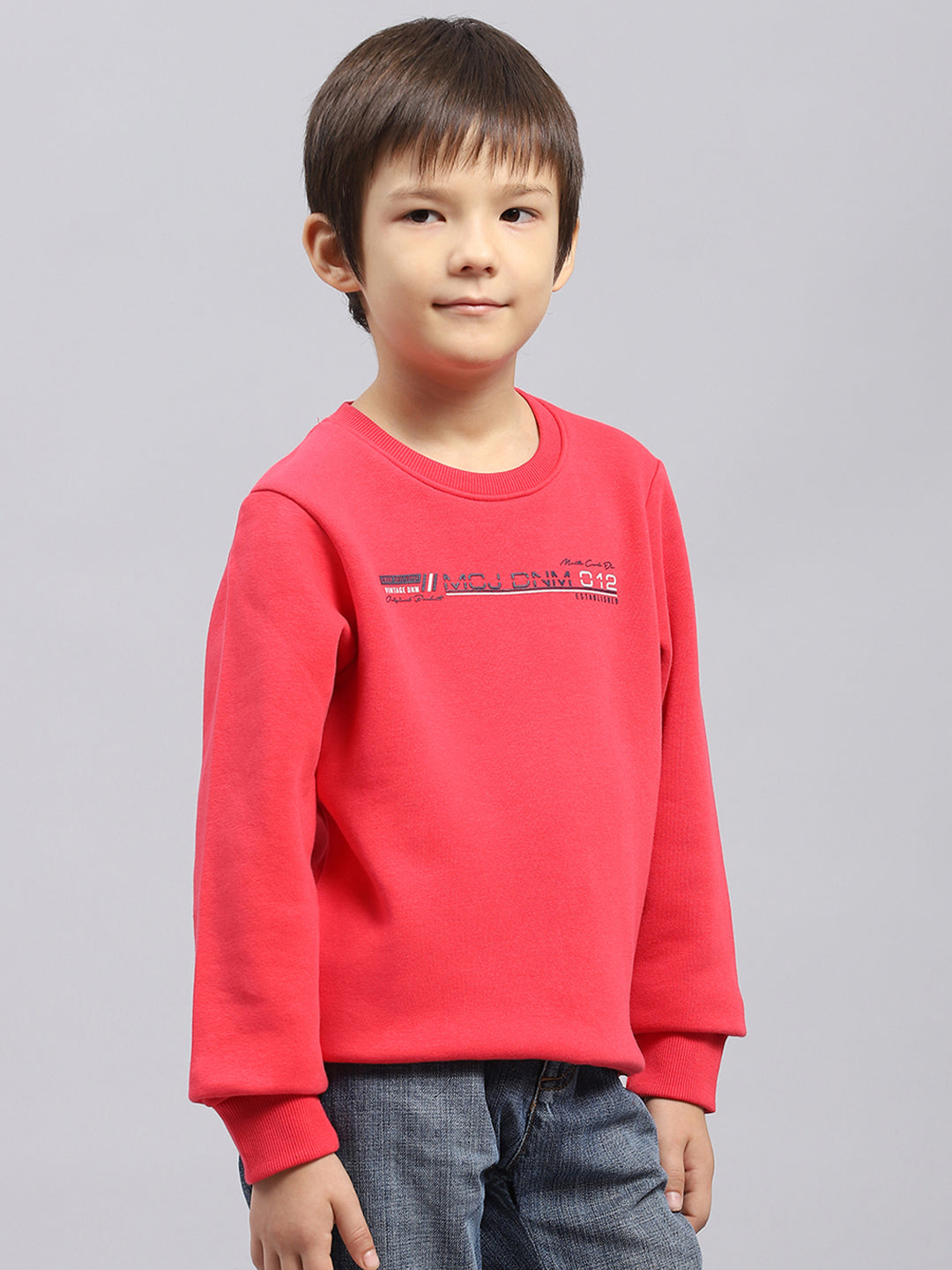 Boys Pink Printed Round Neck Full Sleeve Sweatshirt