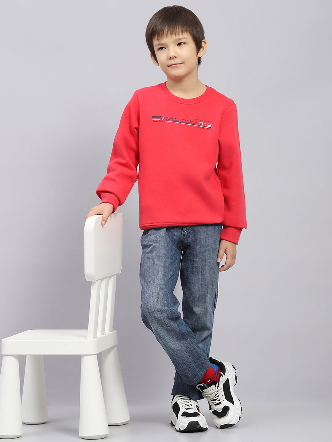 Boys Pink Printed Round Neck Full Sleeve Sweatshirt