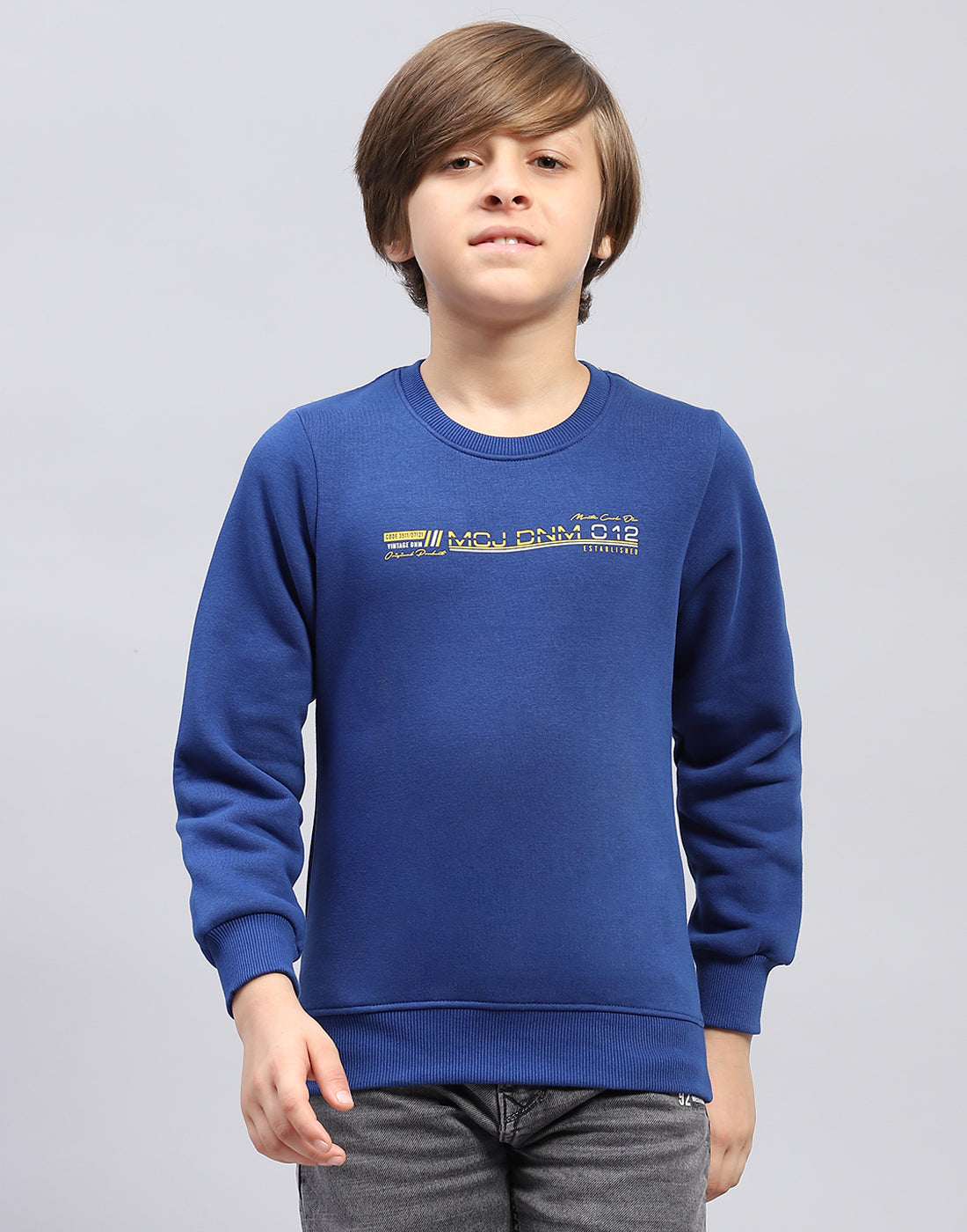 Boys Blue Solid Round Neck Full Sleeve Sweatshirt