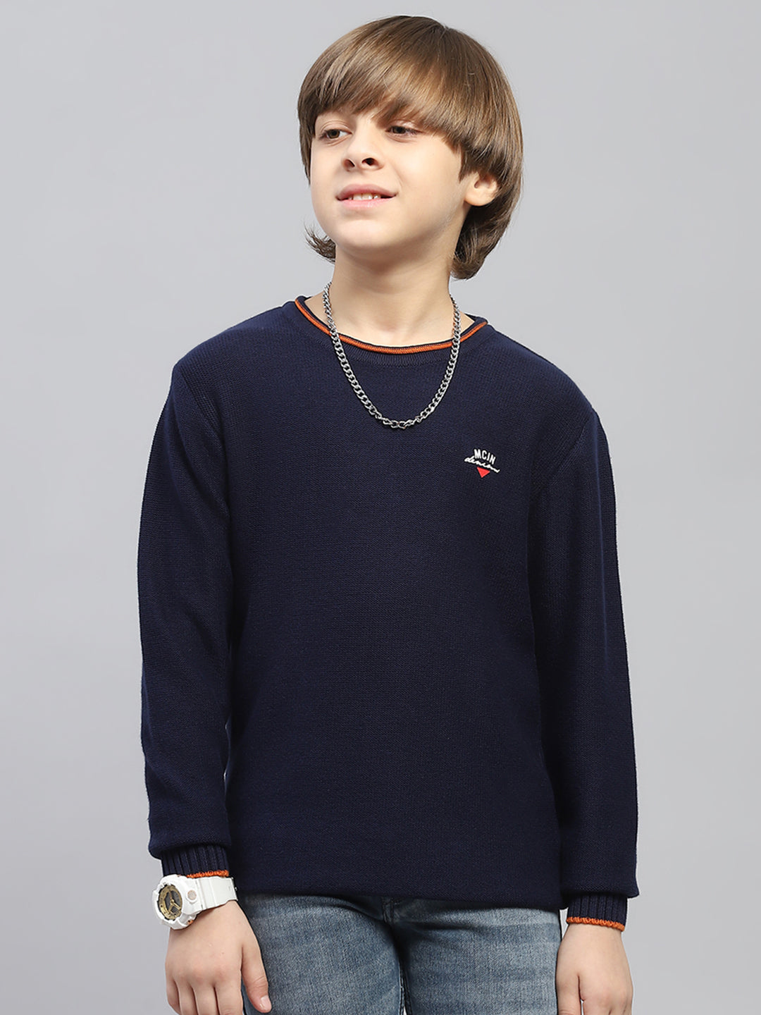 Boys Navy Blue Solid Round Neck Full Sleeve Pullover