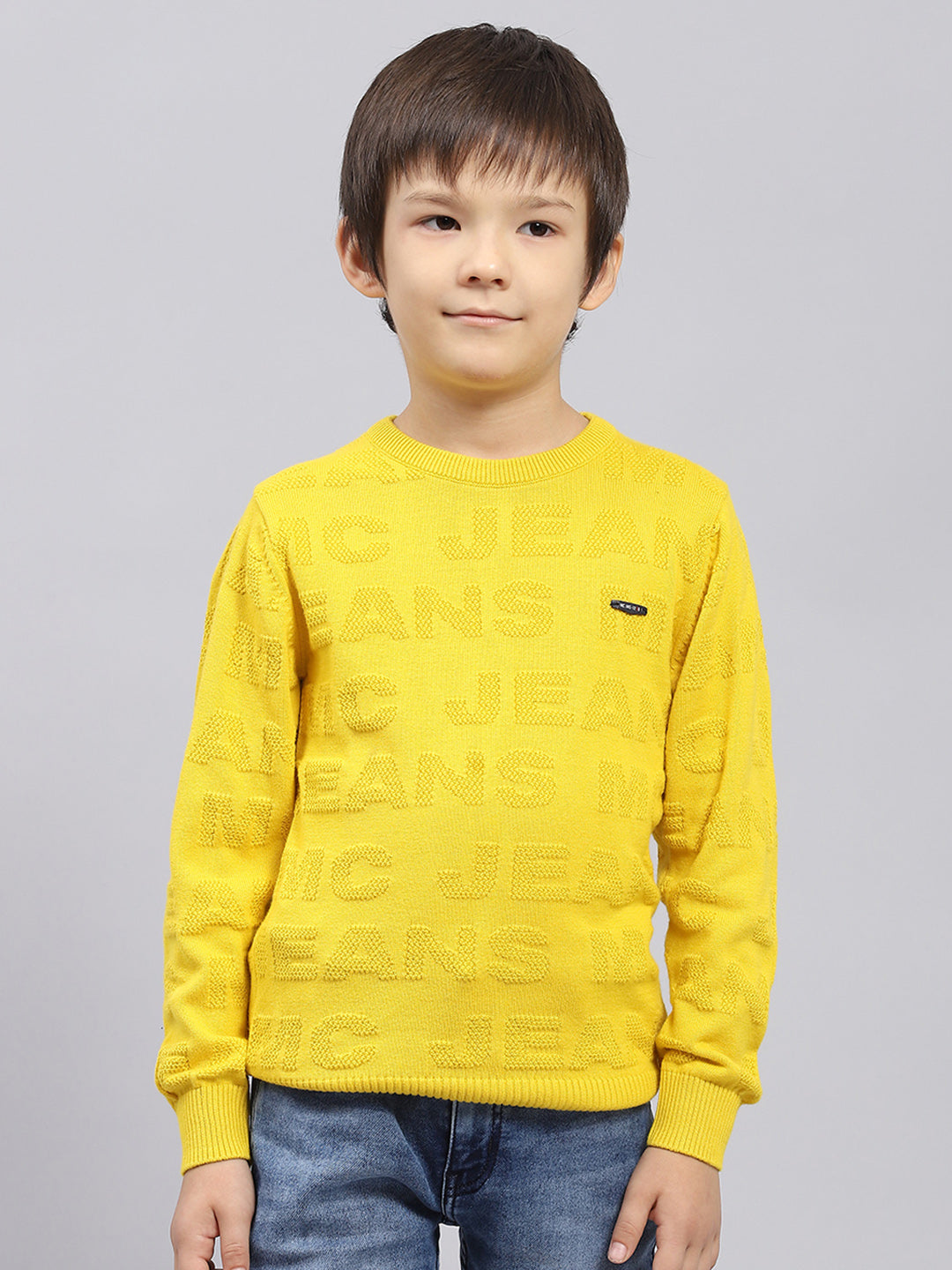 Boys Mustard Self Design Round Neck Full Sleeve Pullover