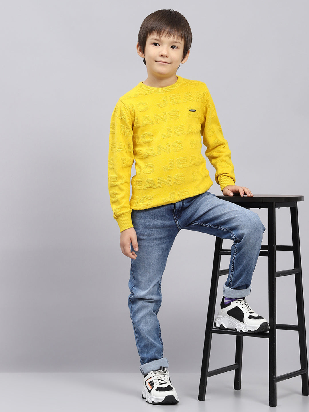 Boys Mustard Self Design Round Neck Full Sleeve Pullover