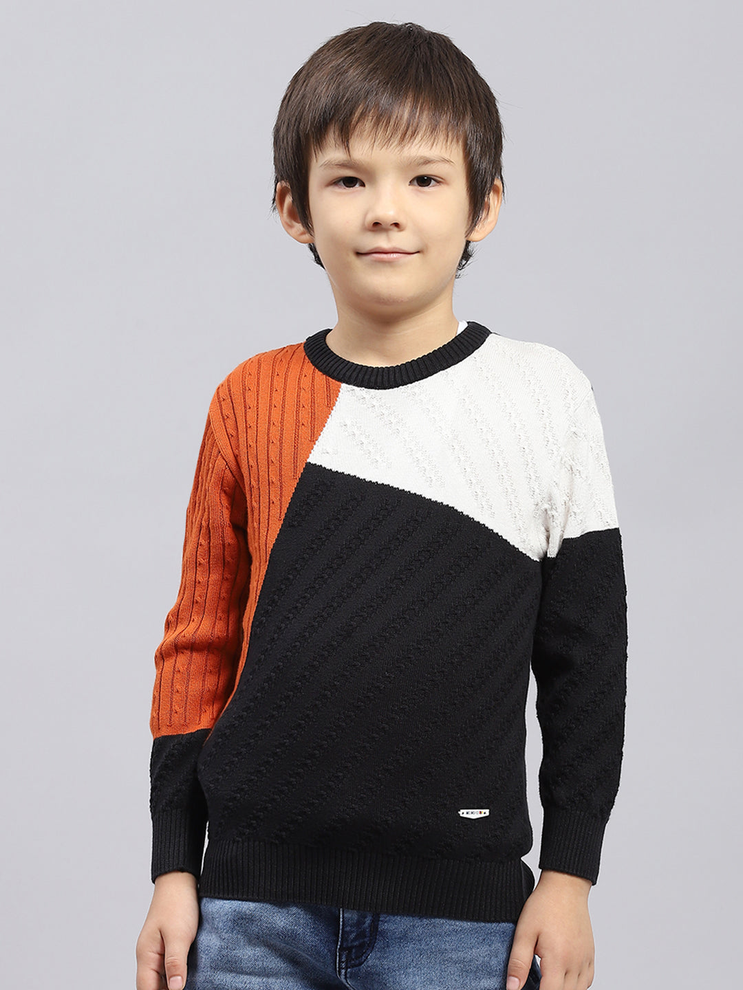 Boys Rust & Black Self Design Round Neck Full Sleeve Pullover