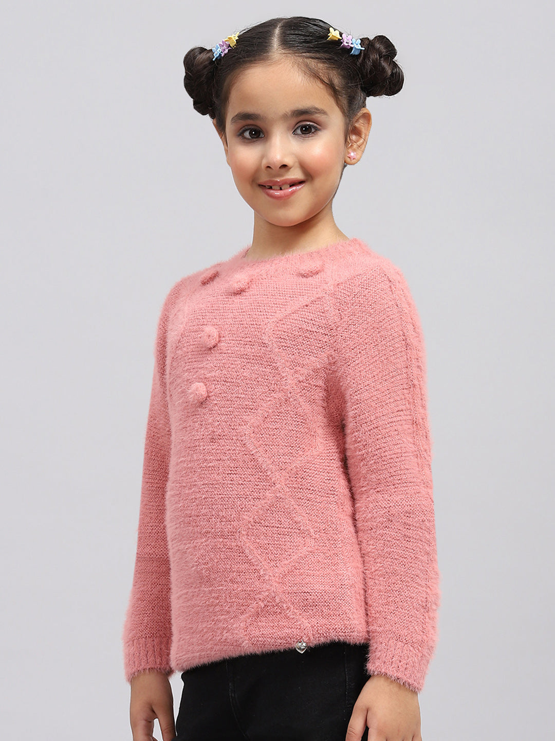 Girls Peach Self Design Round Neck Full Sleeve Winter Top