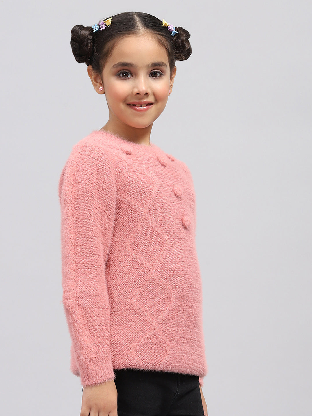 Girls Peach Self Design Round Neck Full Sleeve Winter Top