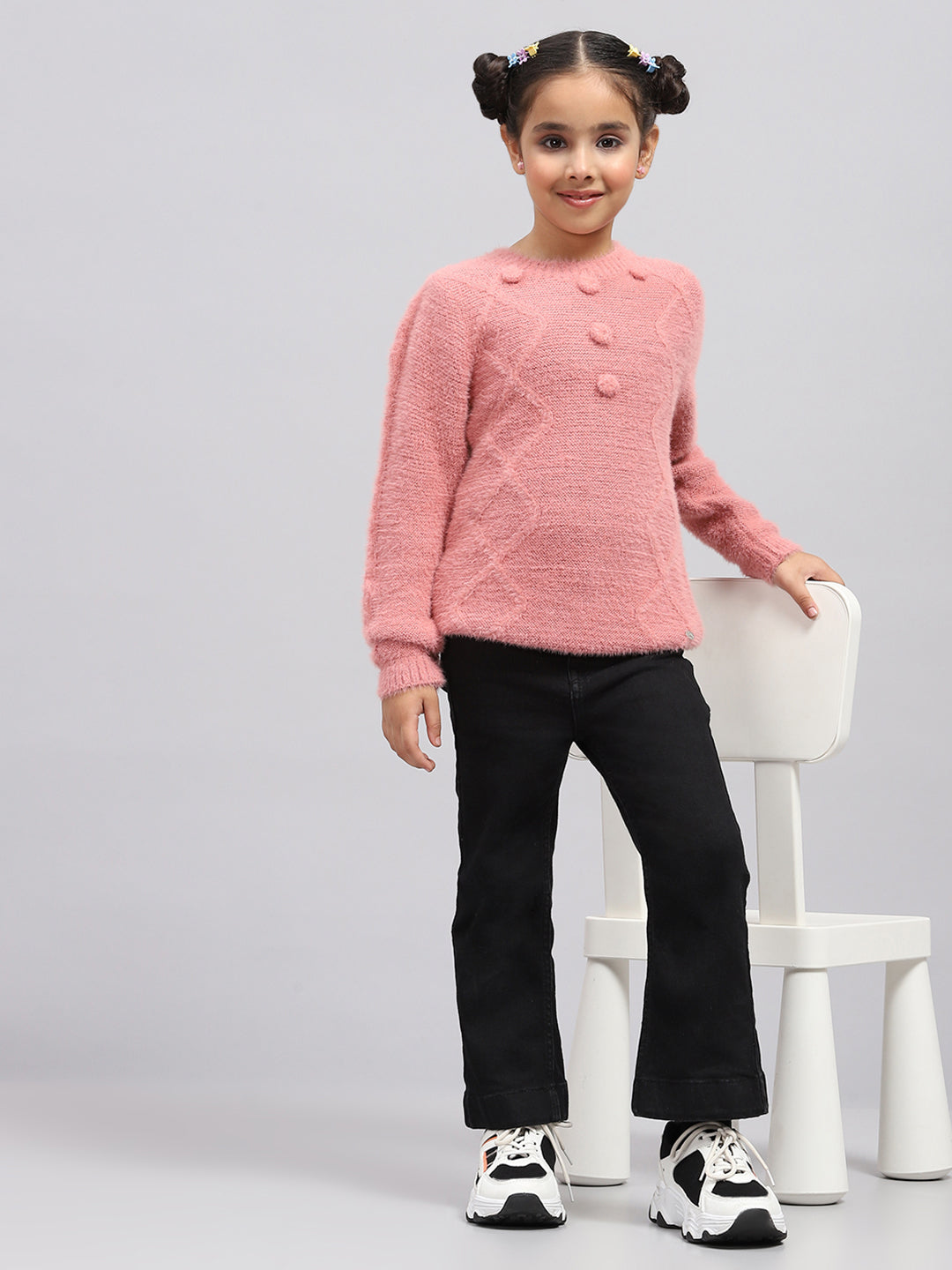 Girls Peach Self Design Round Neck Full Sleeve Winter Top