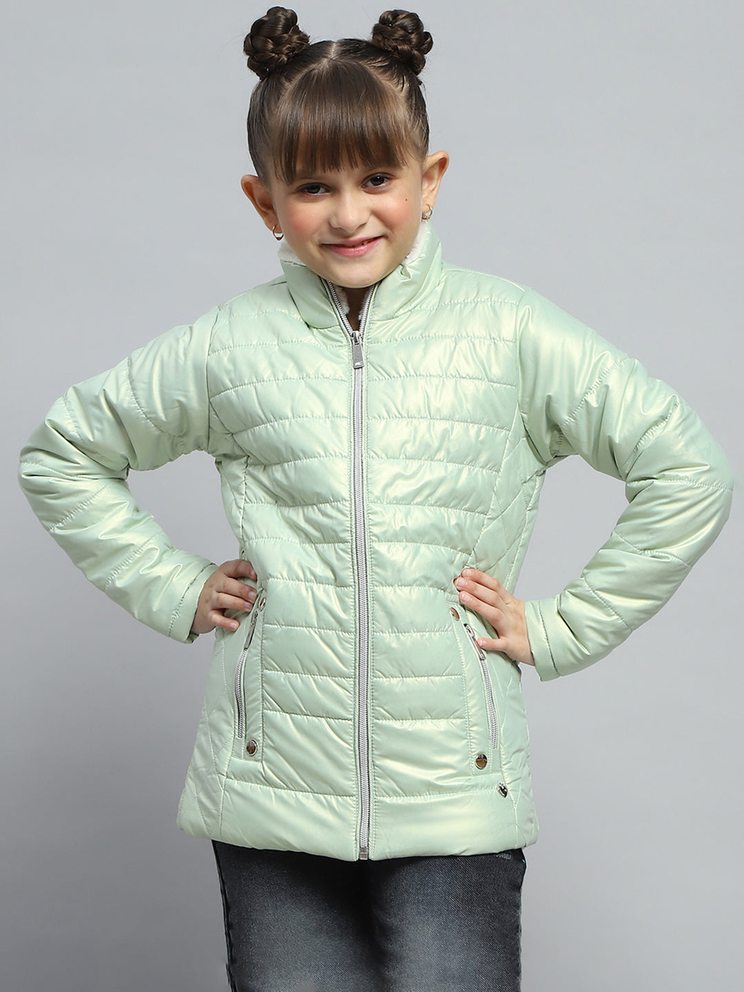 Girls Green Solid Mock Neck Full Sleeve Jacket