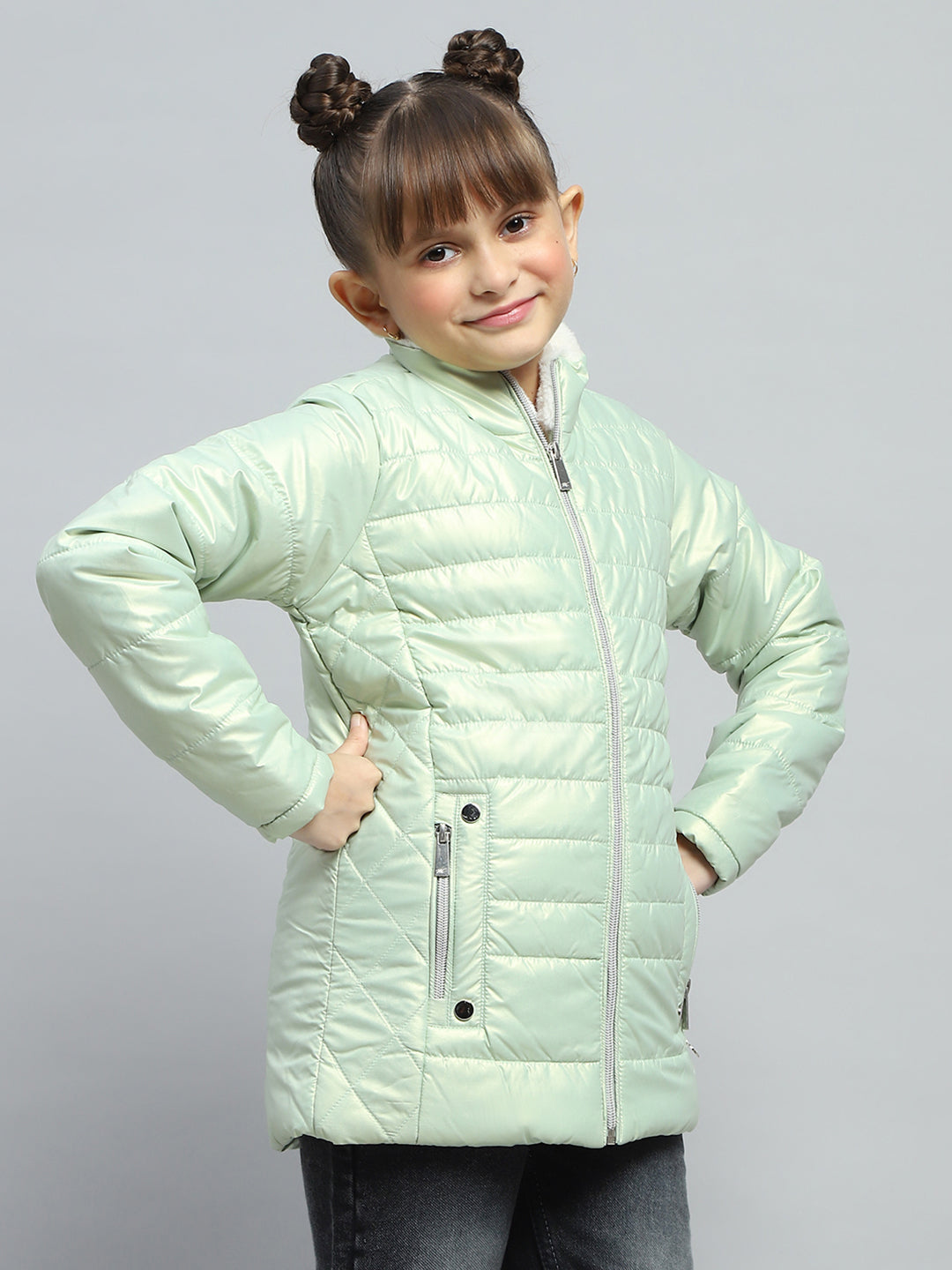 Girls Green Solid Mock Neck Full Sleeve Jacket