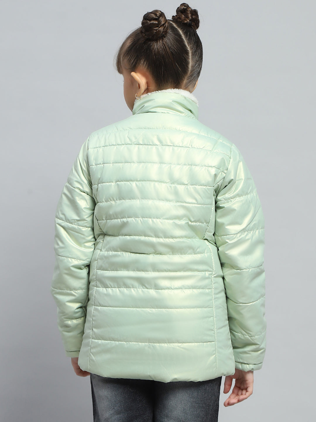 Girls Green Solid Mock Neck Full Sleeve Jacket